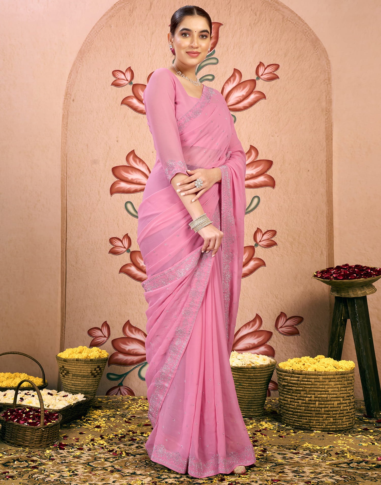 Light Pink Georgette Swarovski Embellished Saree