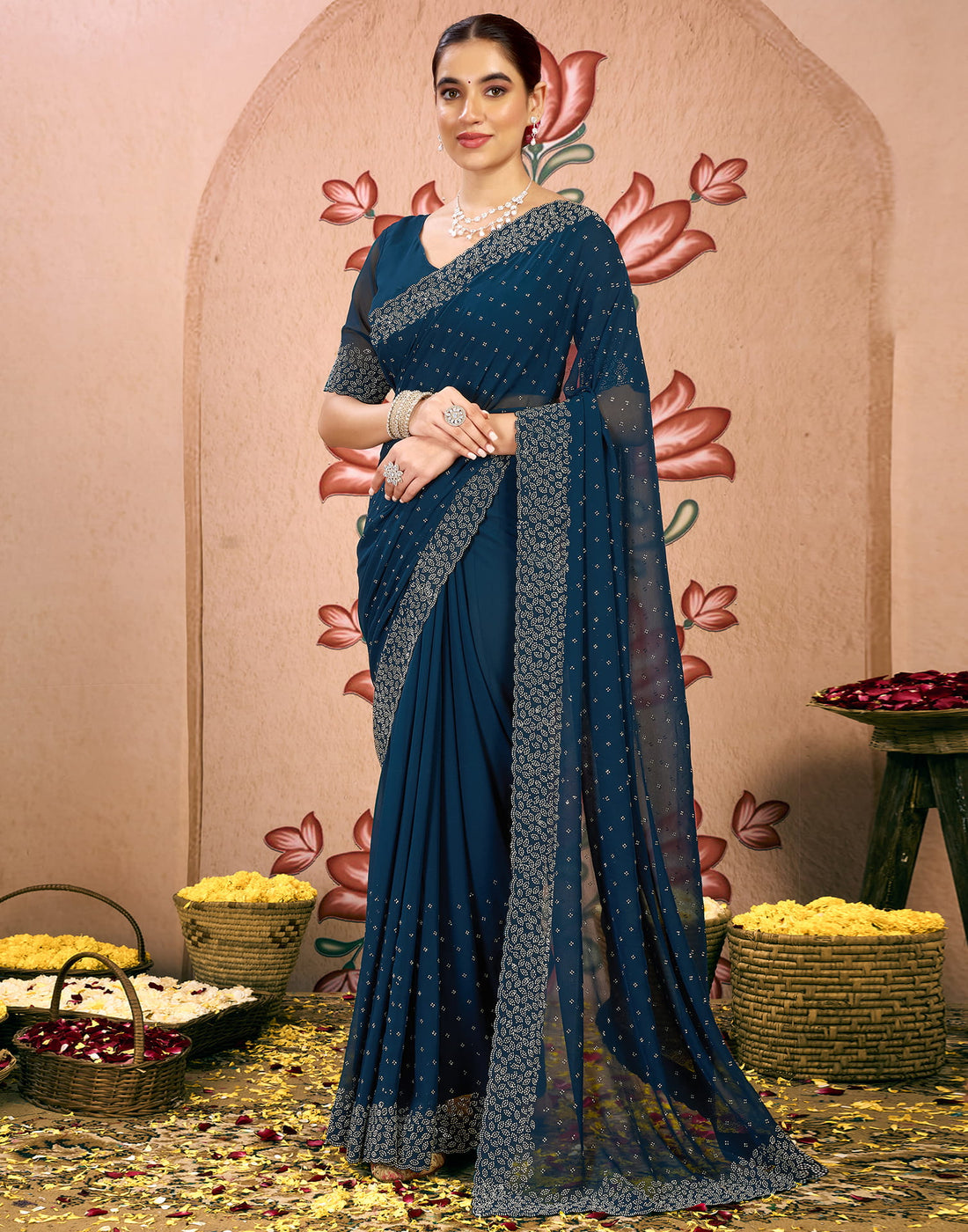 Blue Georgette Swarovski Embellished Saree