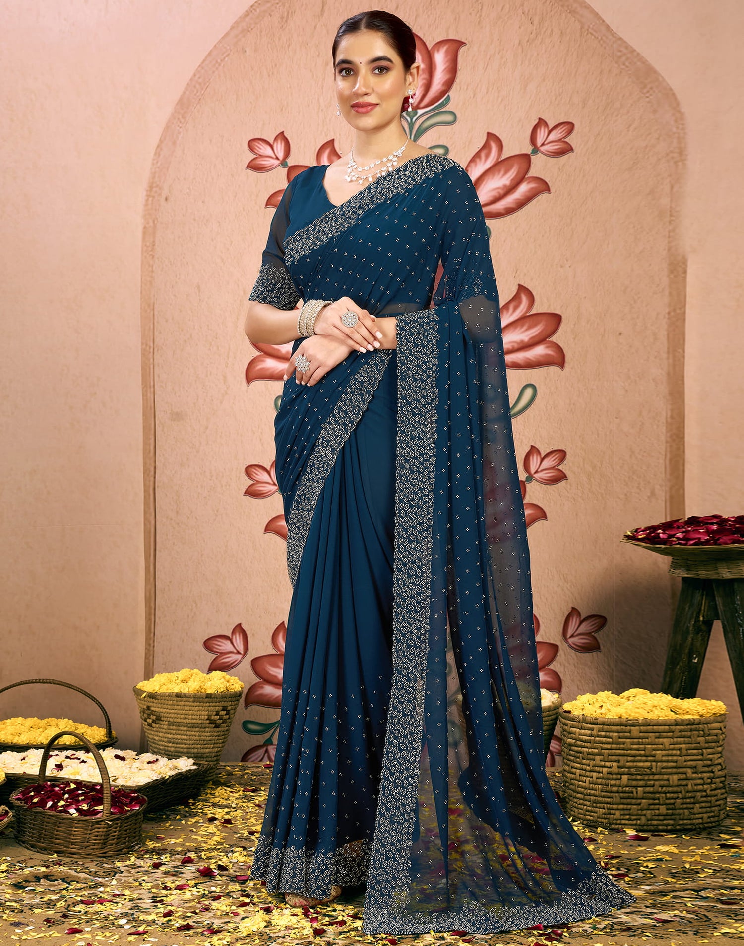 Rama Blue Georgette Swarovski Embellished Saree