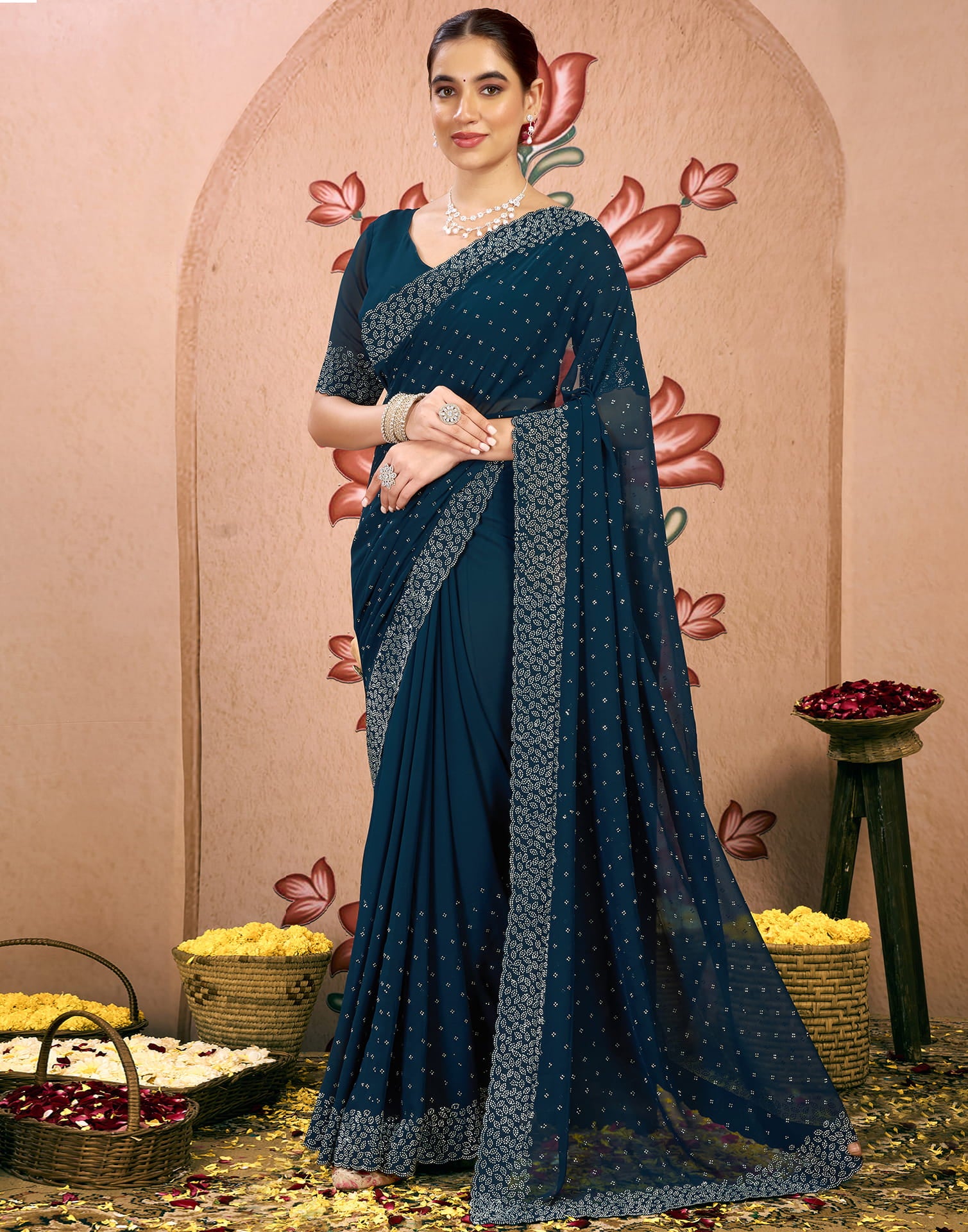 Rama Blue Georgette Swarovski Embellished Saree