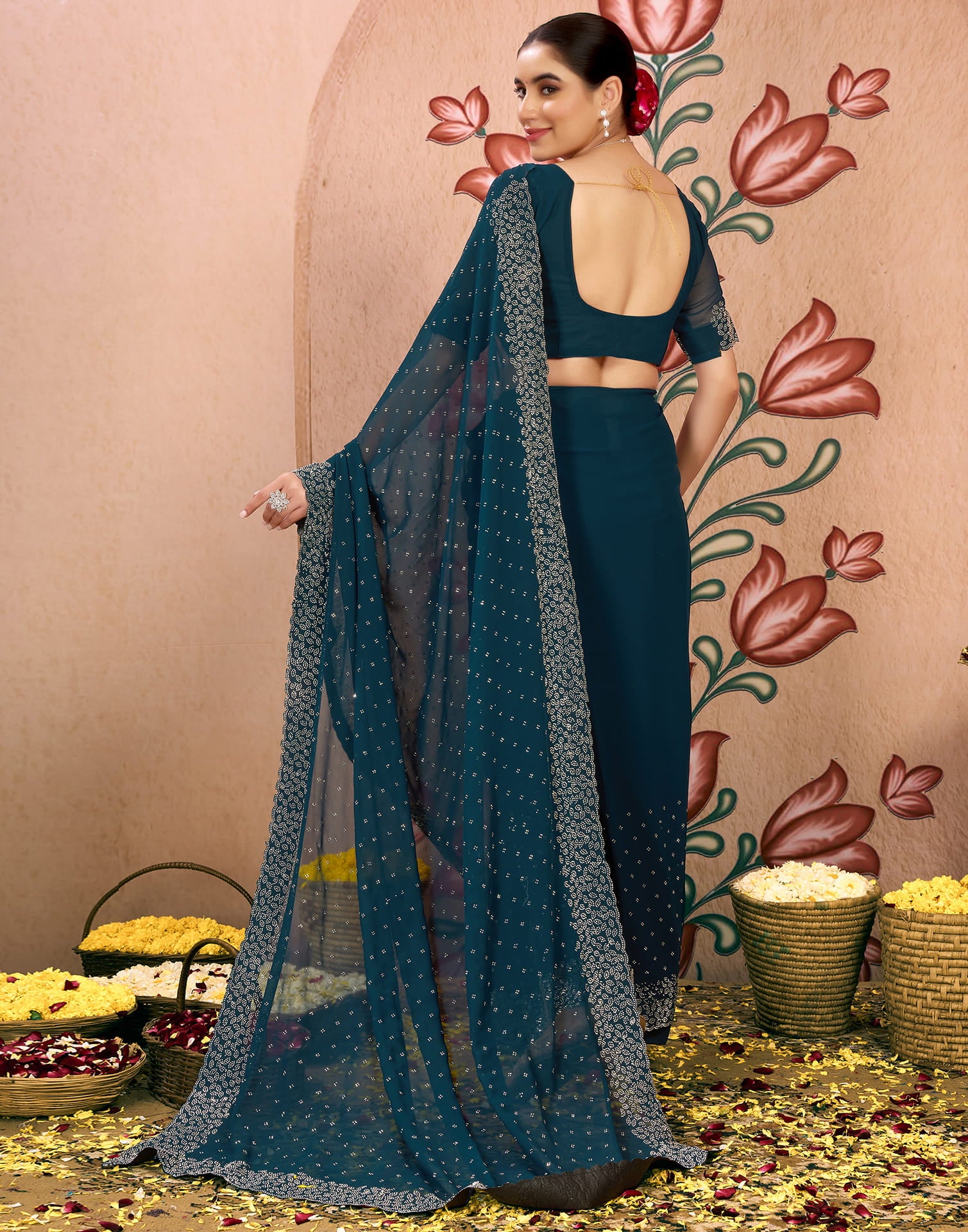 Rama Blue Georgette Swarovski Embellished Saree