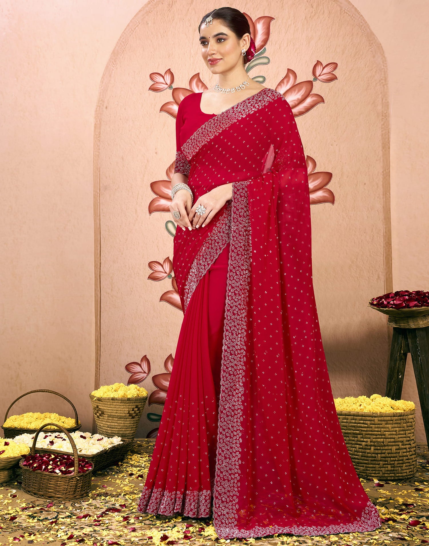 Red Georgette Swarovski Embellished Saree