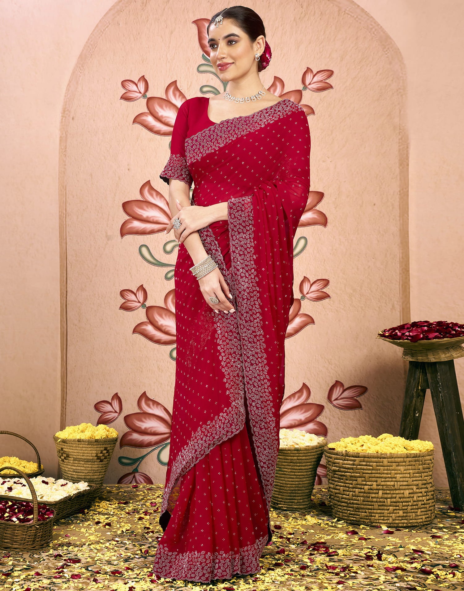 Red Georgette Swarovski Embellished Saree