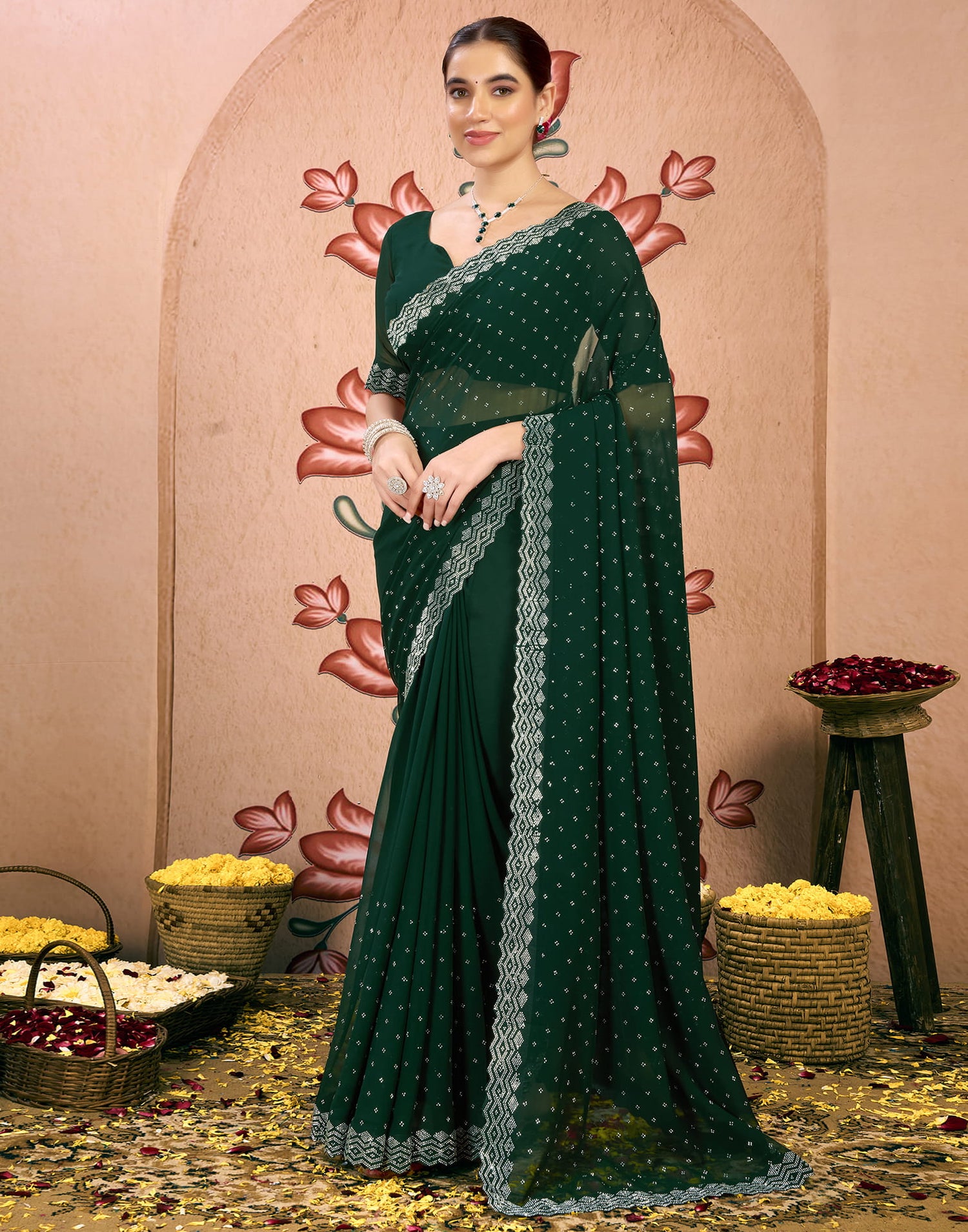 Dark Green Georgette Swarovski Embellished Saree