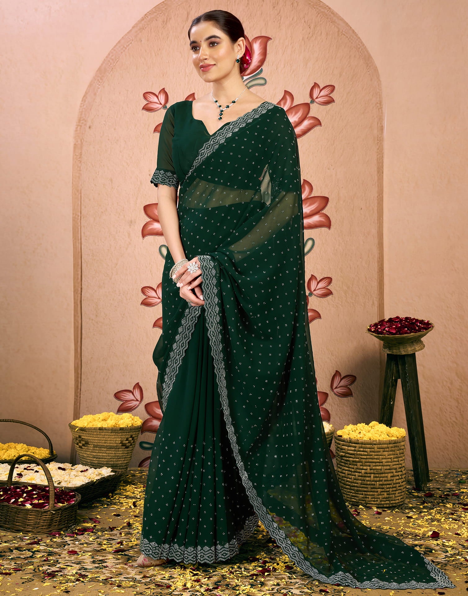 Dark Green Georgette Swarovski Embellished Saree