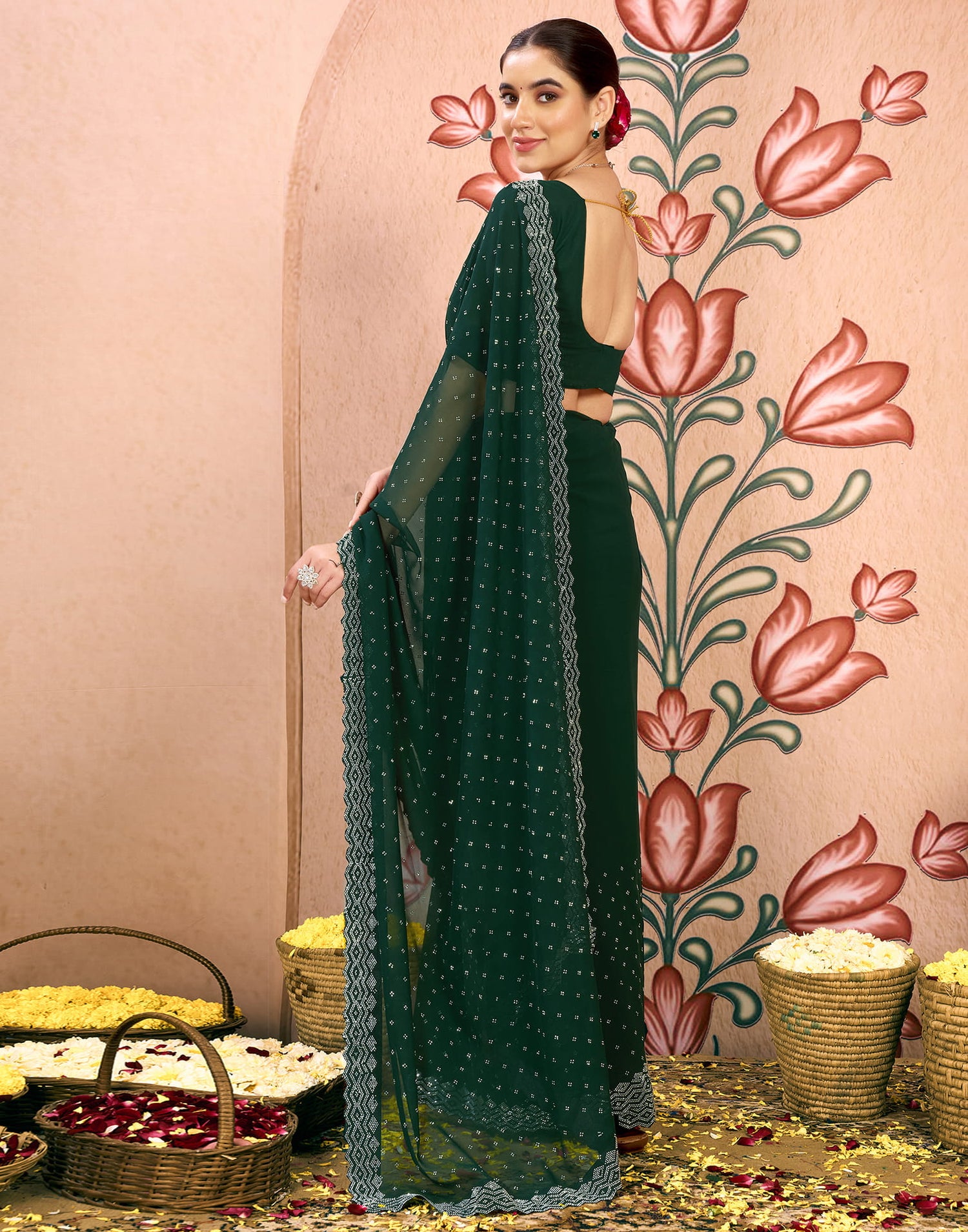 Dark Green Georgette Swarovski Embellished Saree