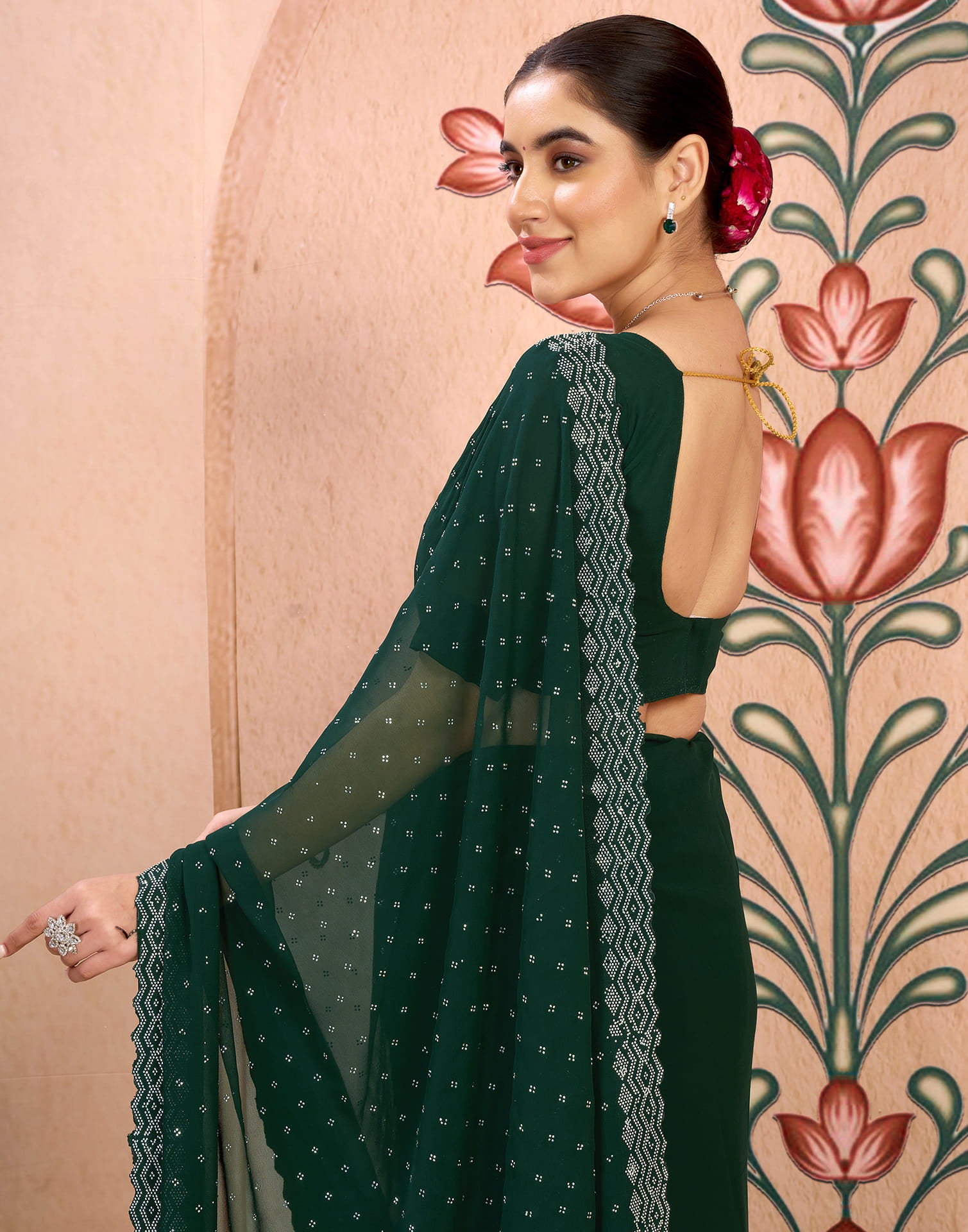 Dark Green Georgette Swarovski Embellished Saree