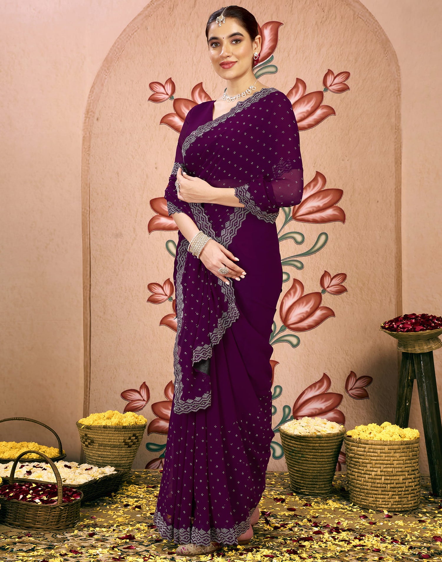 Dark Purple Georgette Swarovski Embellished Saree