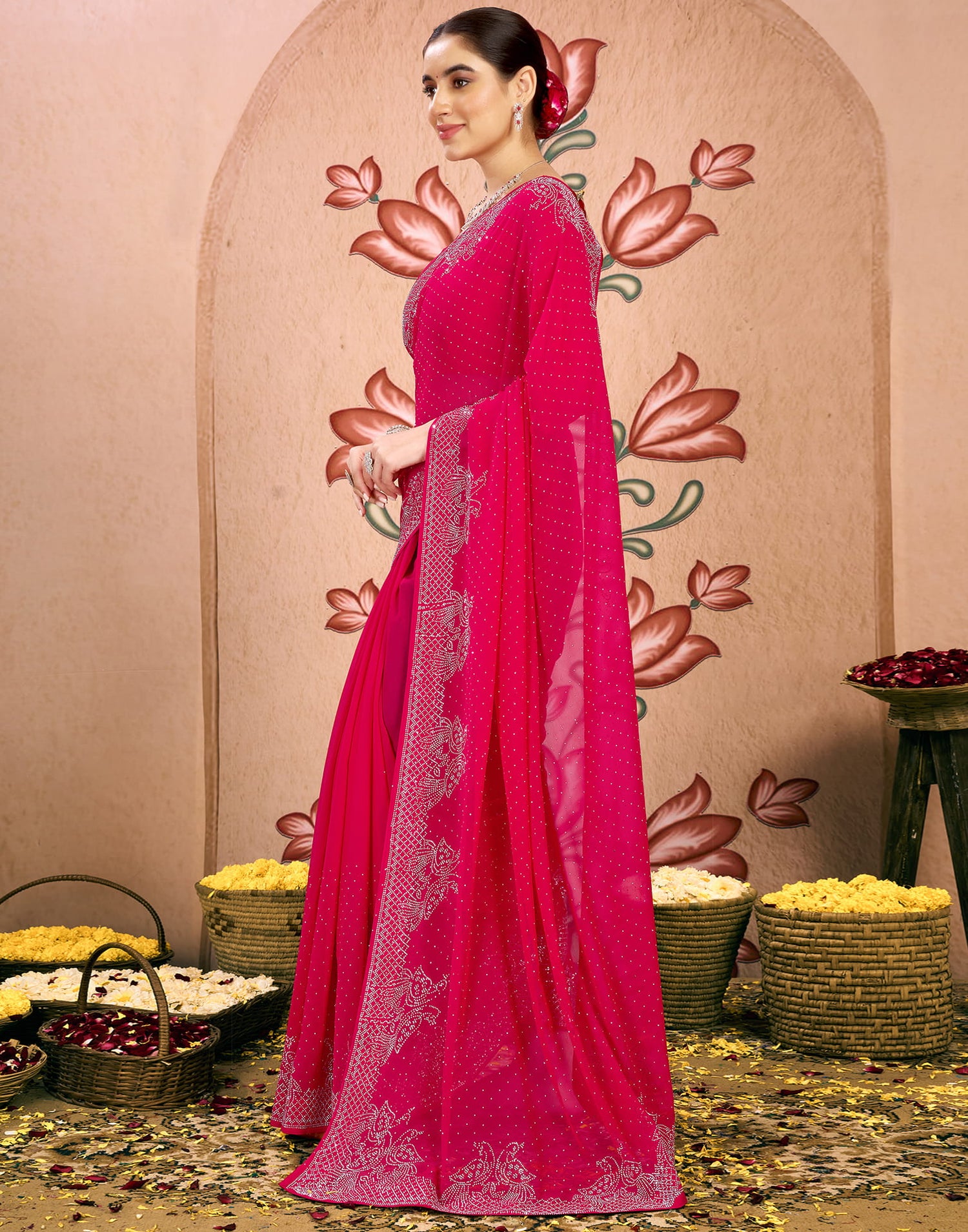 Dark Pink Georgette Swarovski Embellished Saree