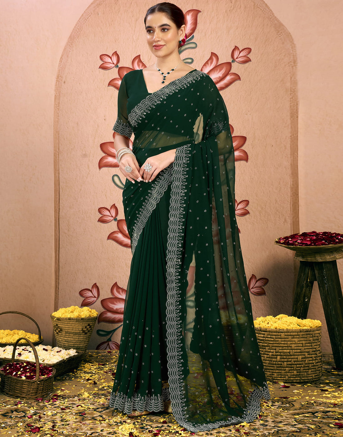 Dark Green Georgette Swarovski Embellished Saree