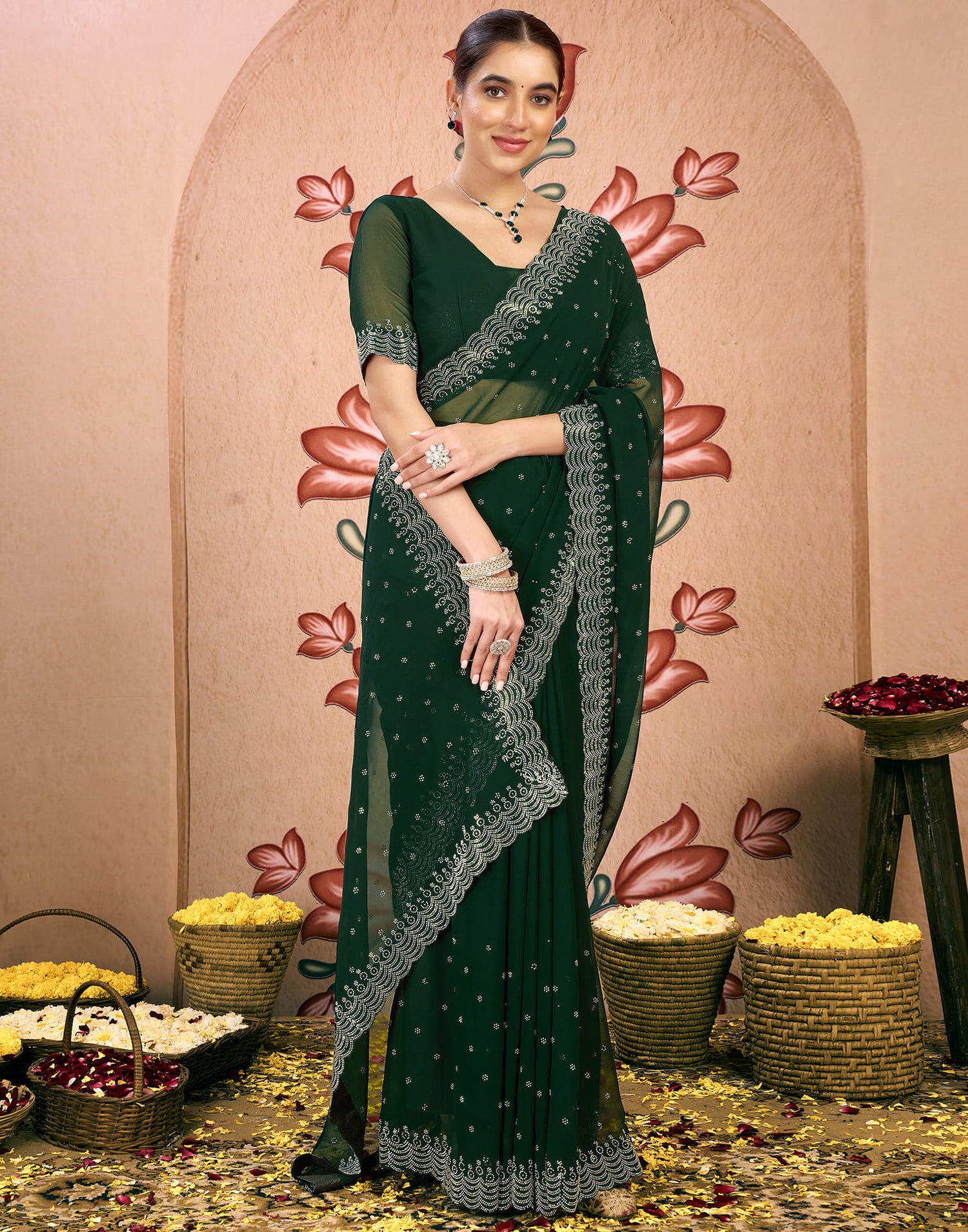 Dark Green Georgette Swarovski Embellished Saree