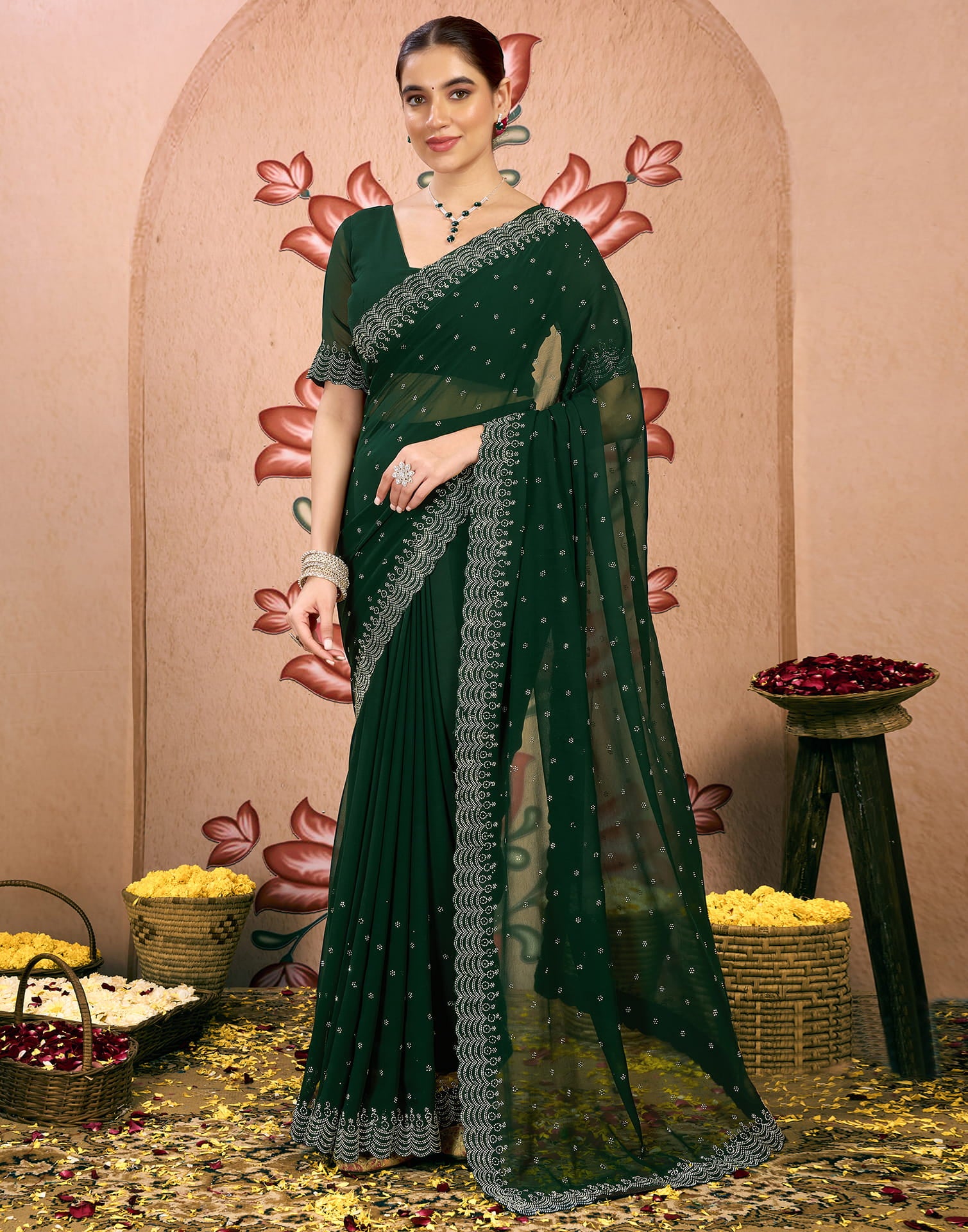 Dark Green Georgette Swarovski Embellished Saree