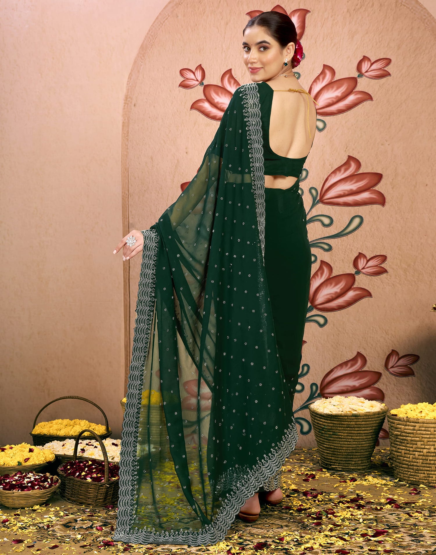 Dark Green Georgette Swarovski Embellished Saree