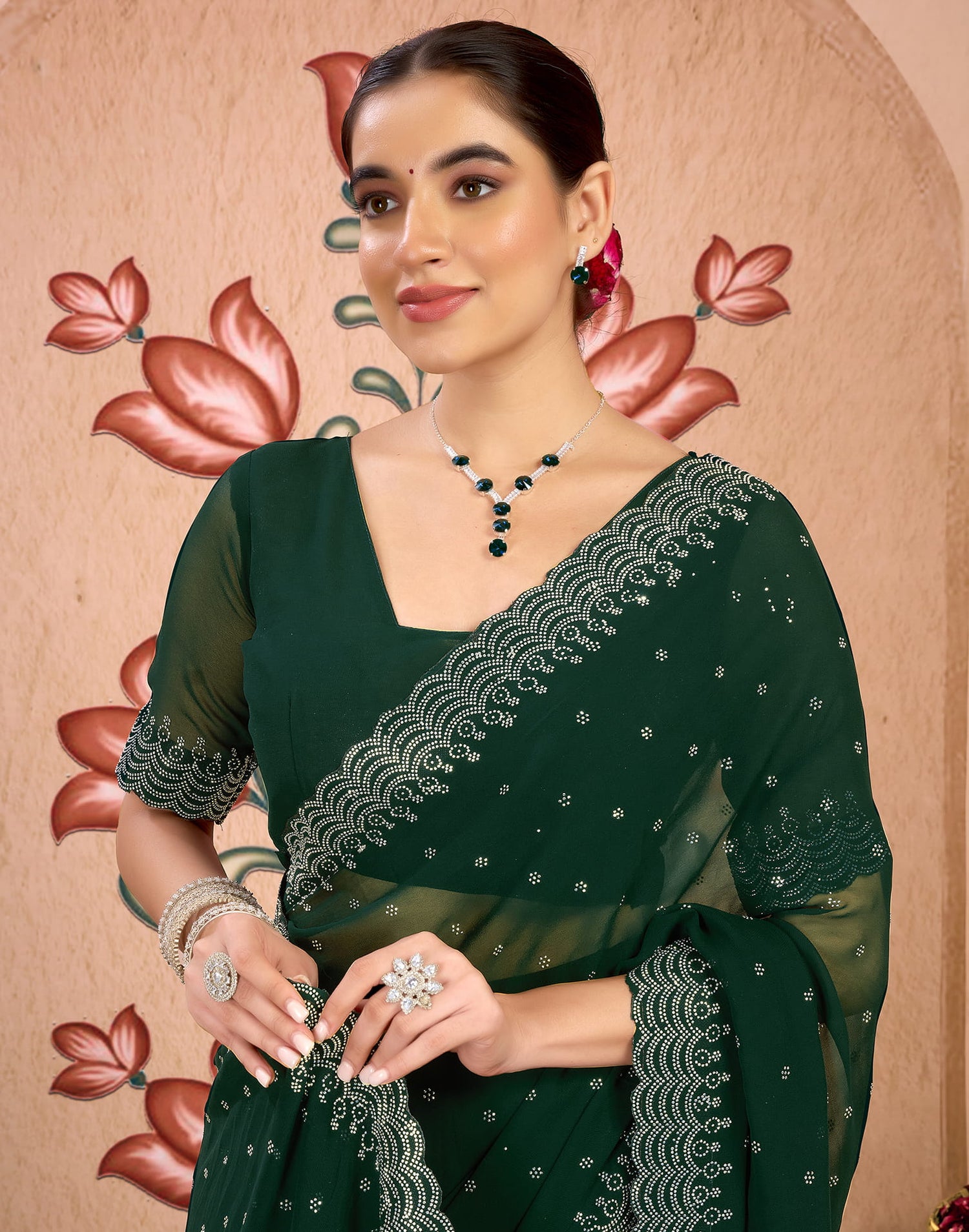 Dark Green Georgette Swarovski Embellished Saree