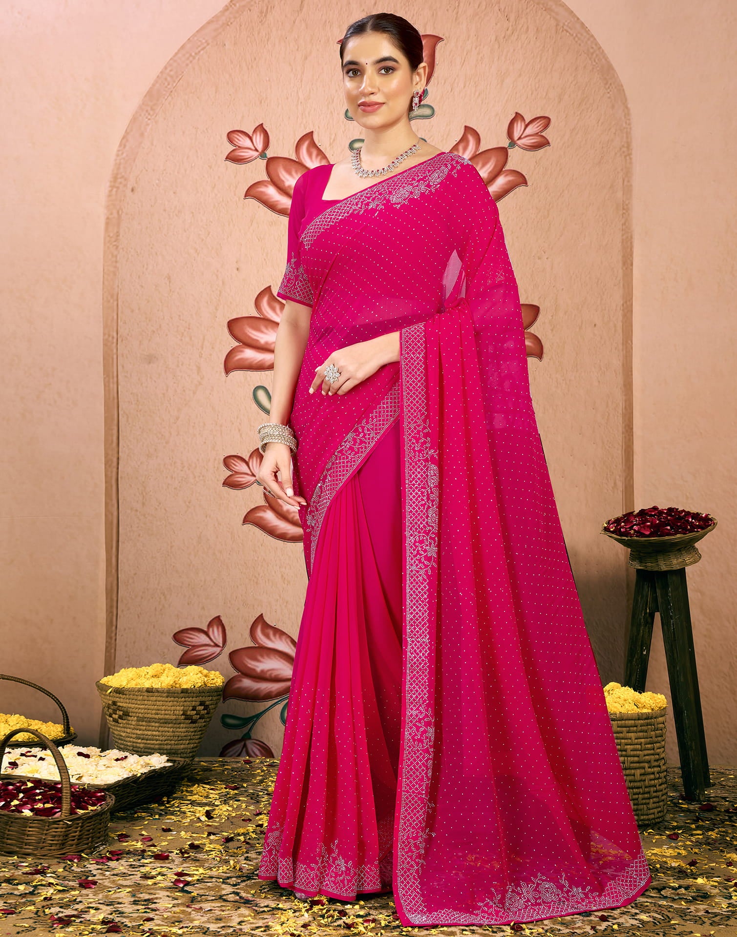 Dark Pink Georgette Swarovski Embellished Saree