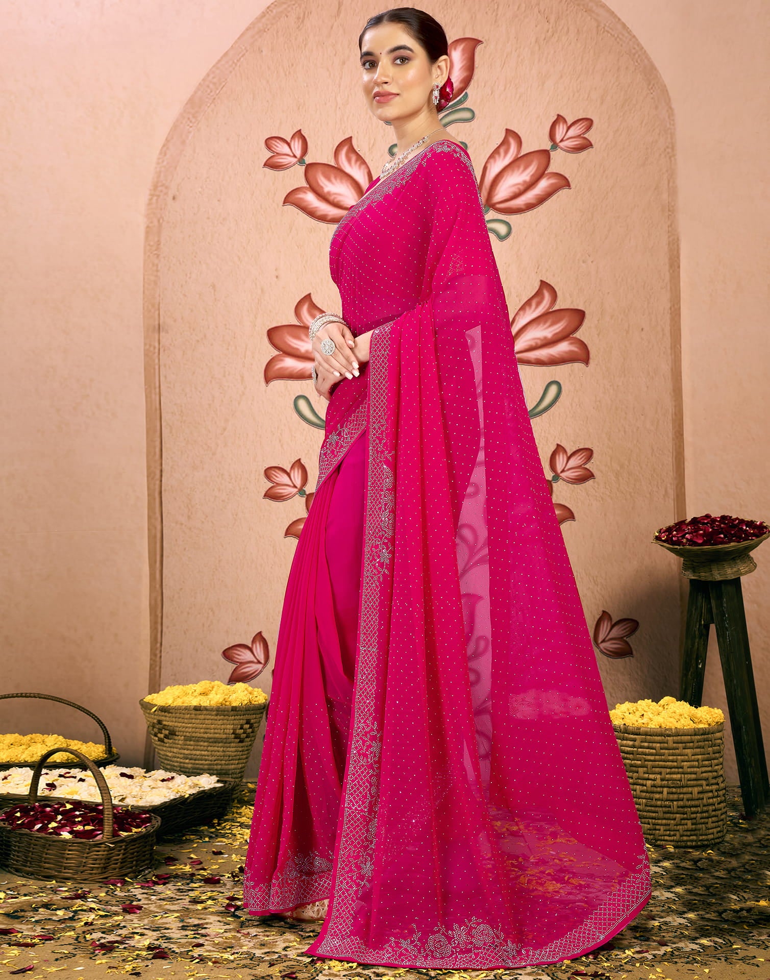 Dark Pink Georgette Swarovski Embellished Saree