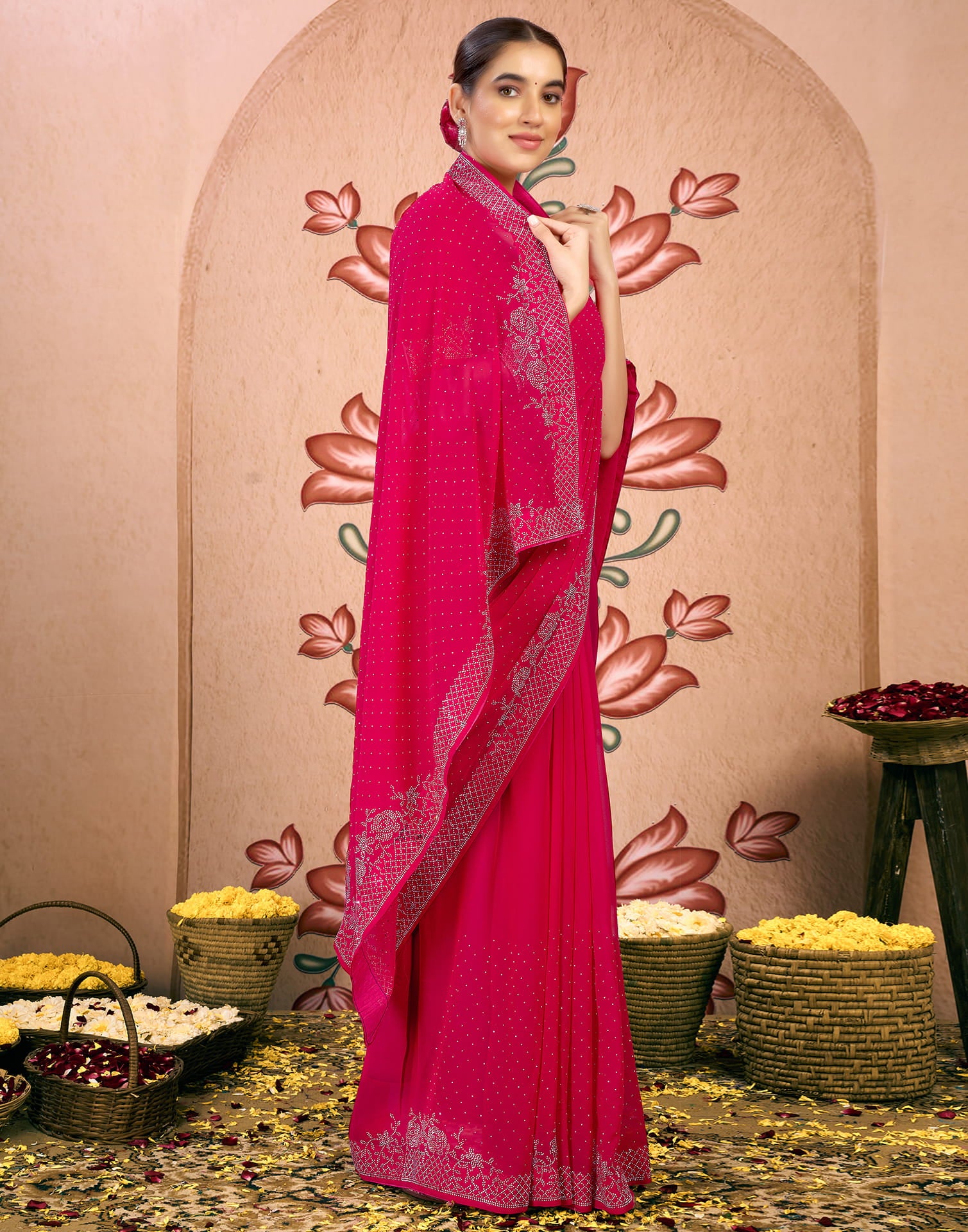 Dark Pink Georgette Swarovski Embellished Saree