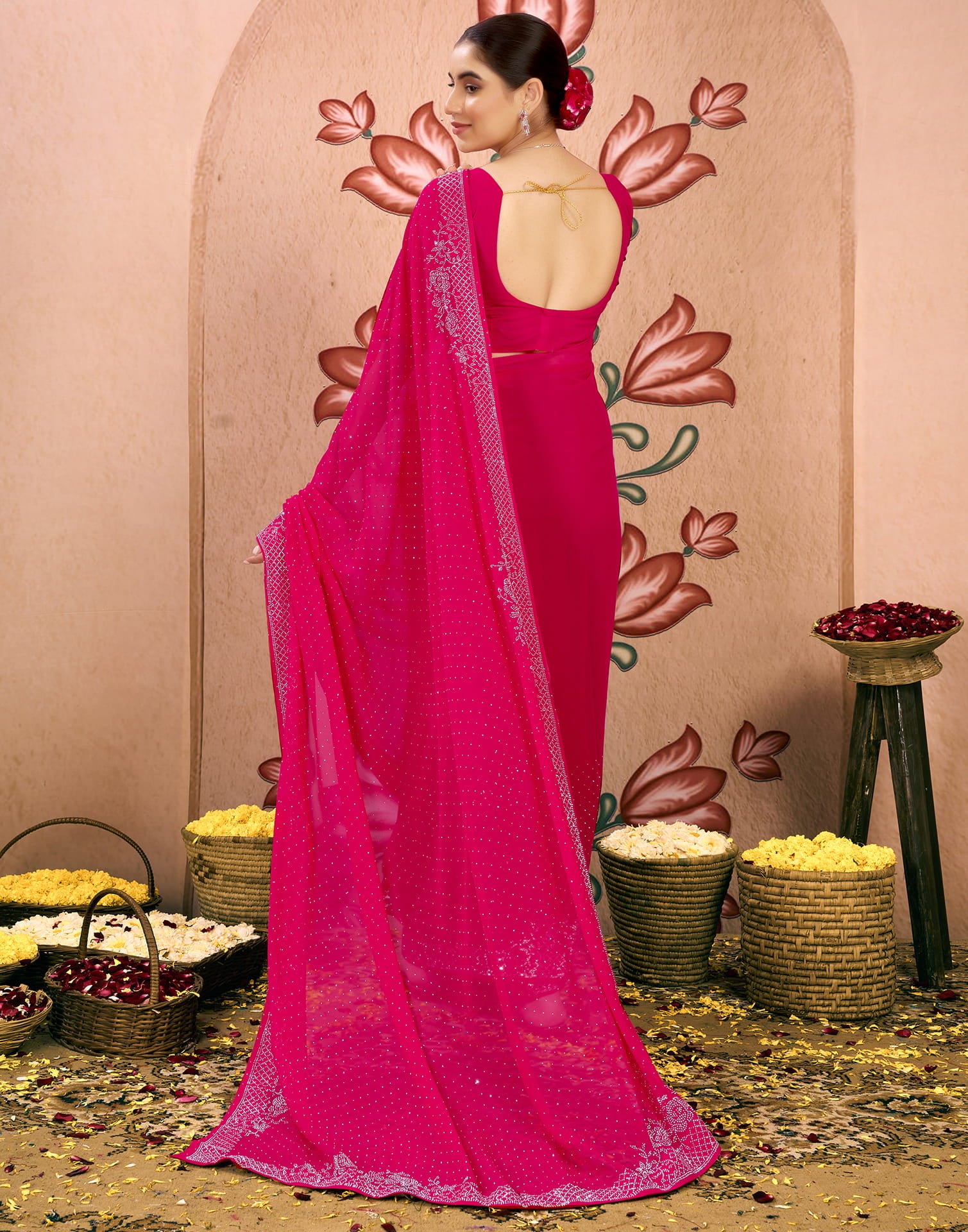 Dark Pink Georgette Swarovski Embellished Saree