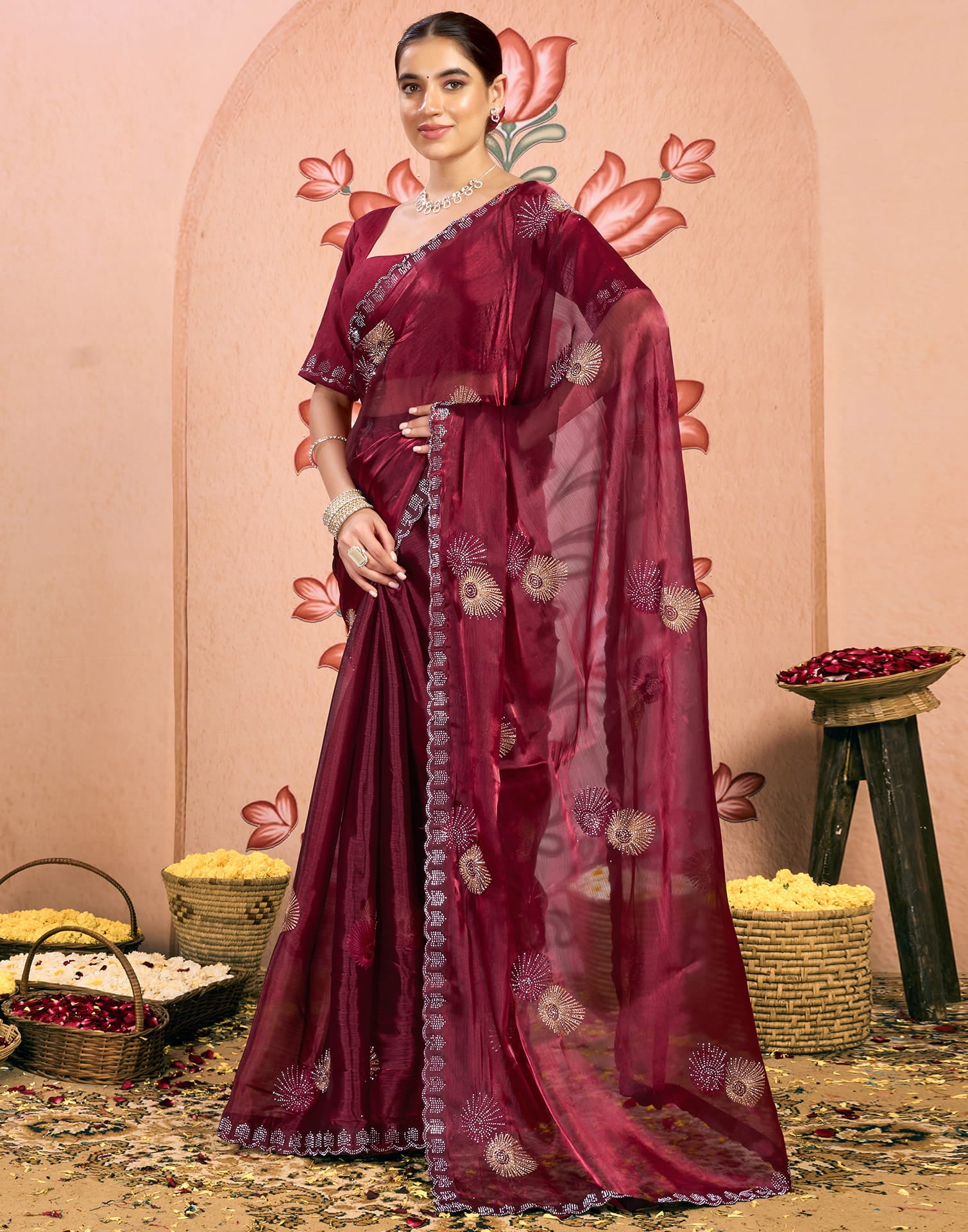 Maroon Shimmer Embroidery Embellished Saree