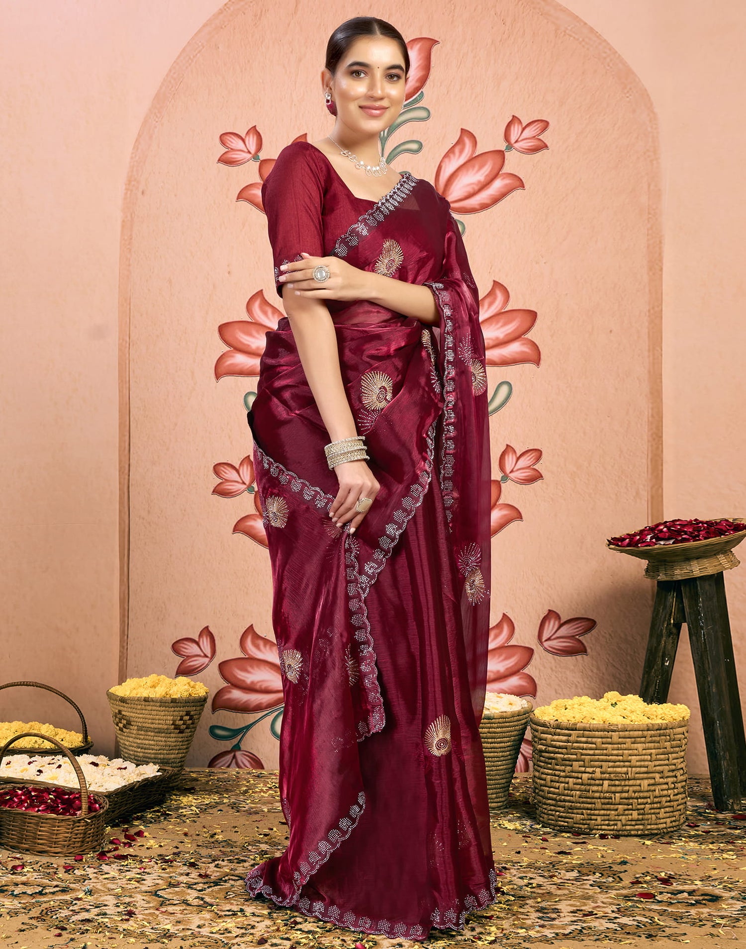 Maroon Shimmer Embroidery Embellished Saree