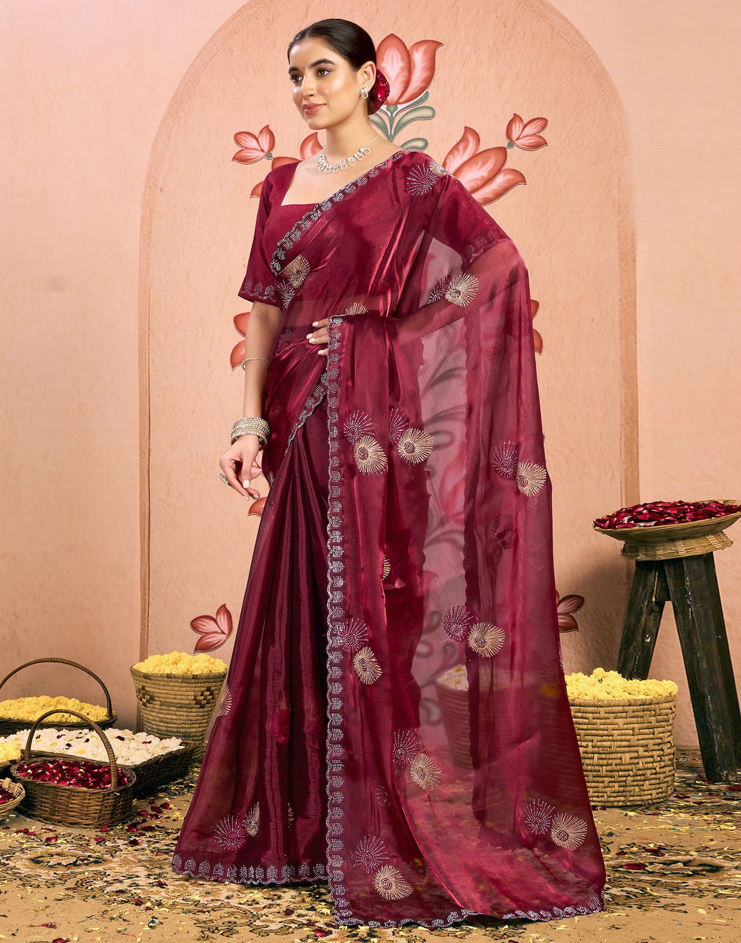 Maroon Shimmer Embroidery Embellished Saree