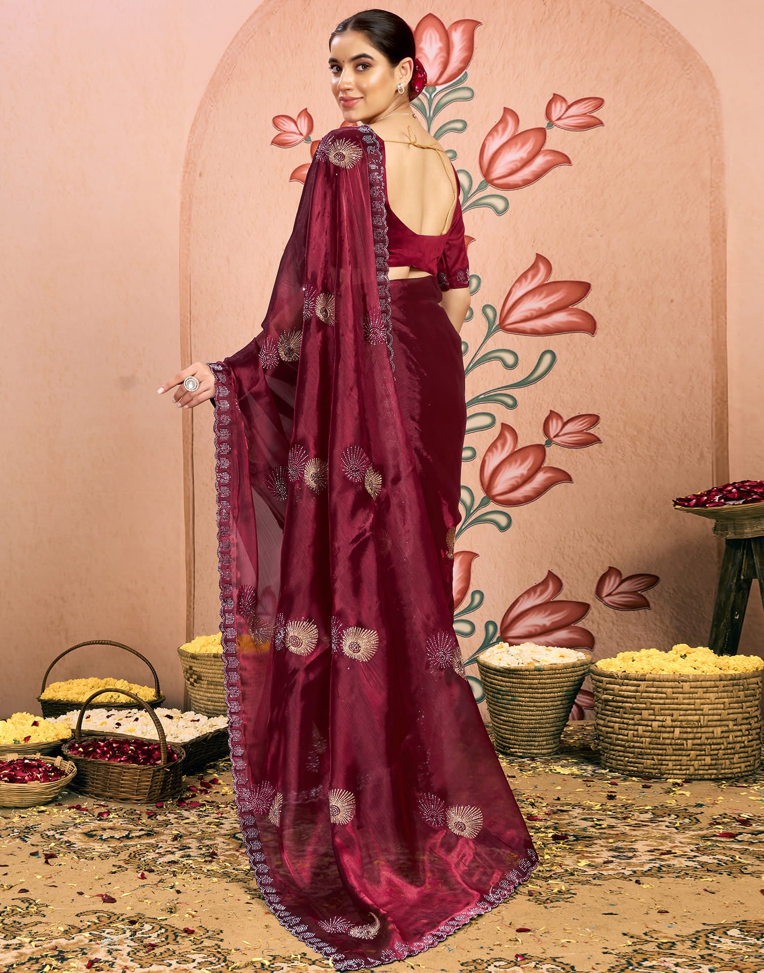 Maroon Shimmer Embroidery Embellished Saree