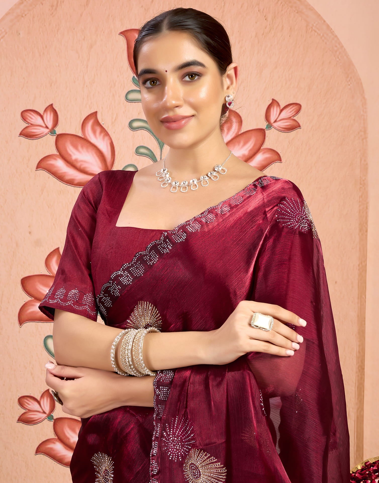 Maroon Shimmer Embroidery Embellished Saree