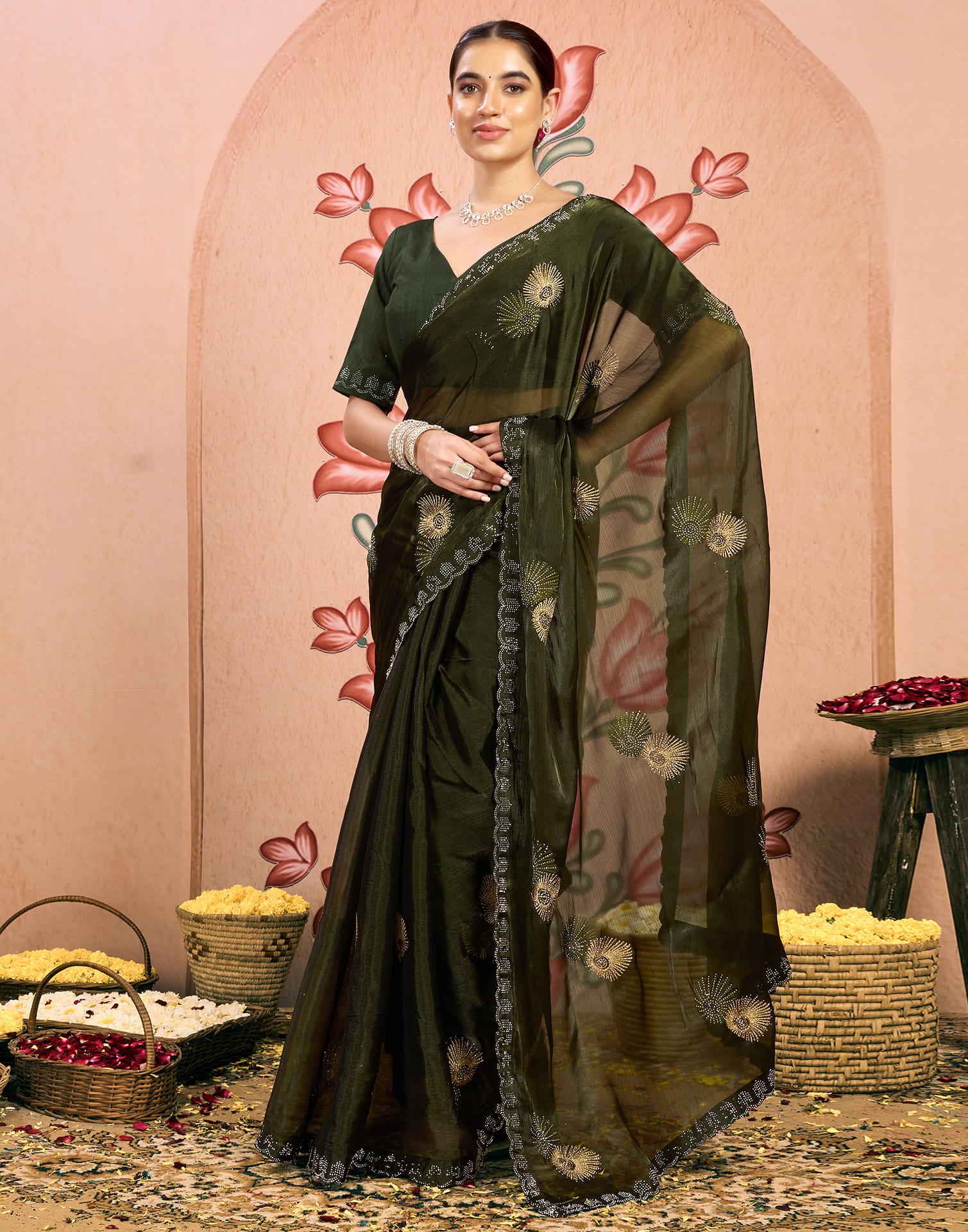 Green Shimmer Embroidery Embellished Saree