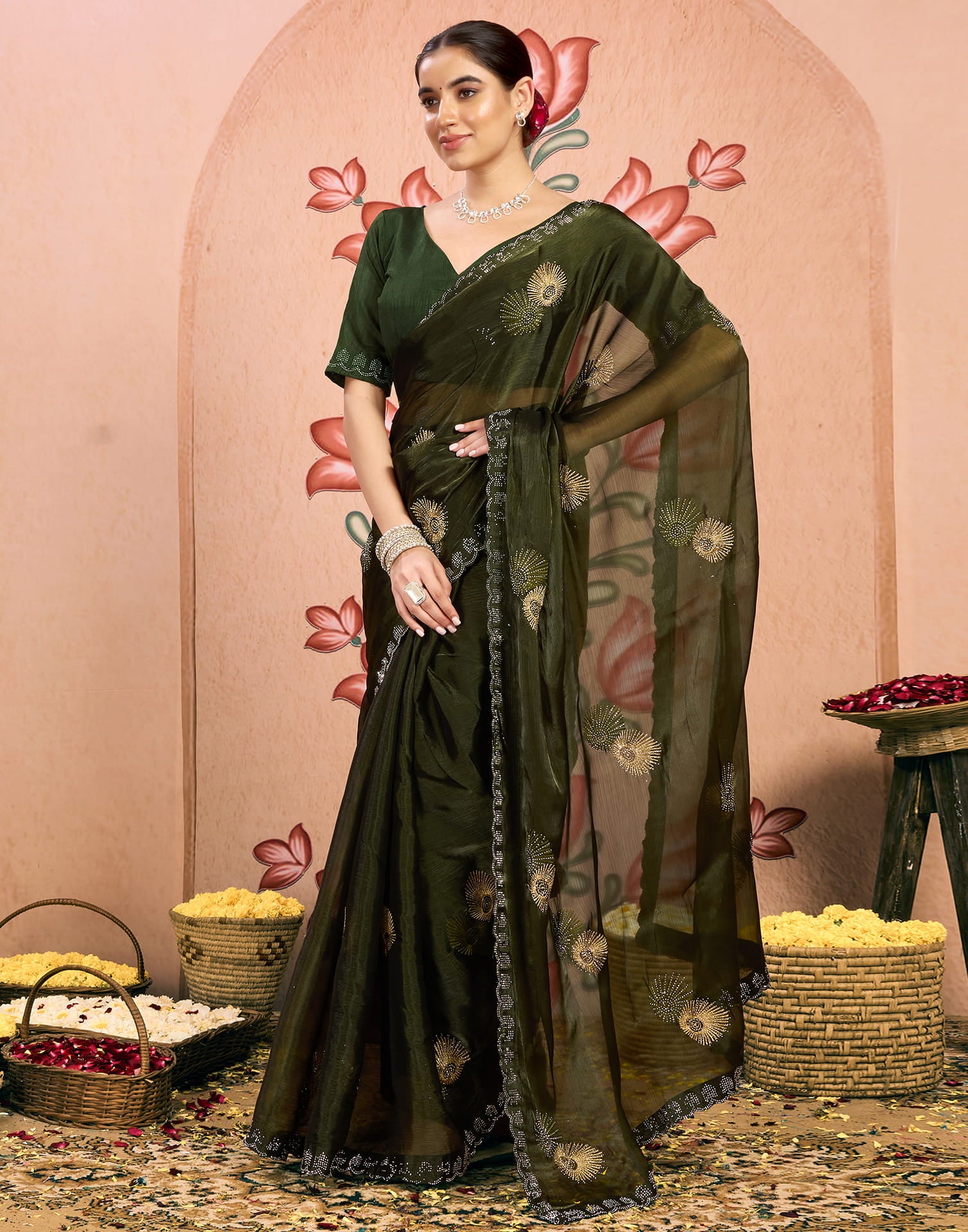 Green Shimmer Embroidery Embellished Saree