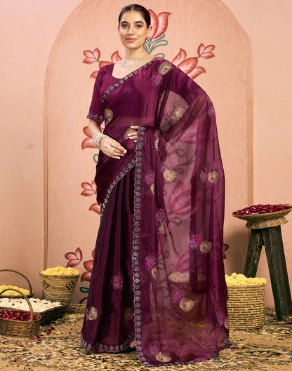 Wine Shimmer Embroidery Embellished Saree