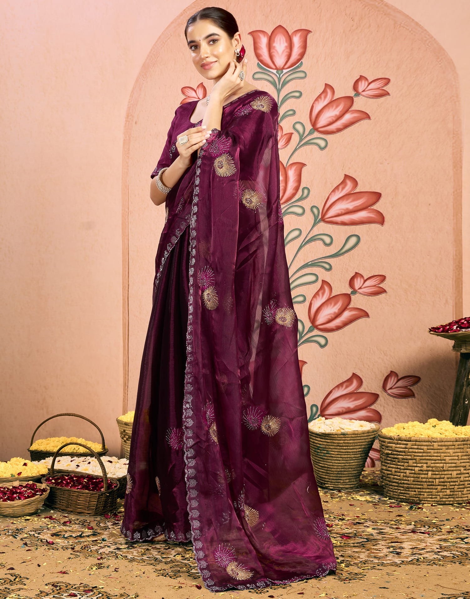 Wine Shimmer Embroidery Embellished Saree