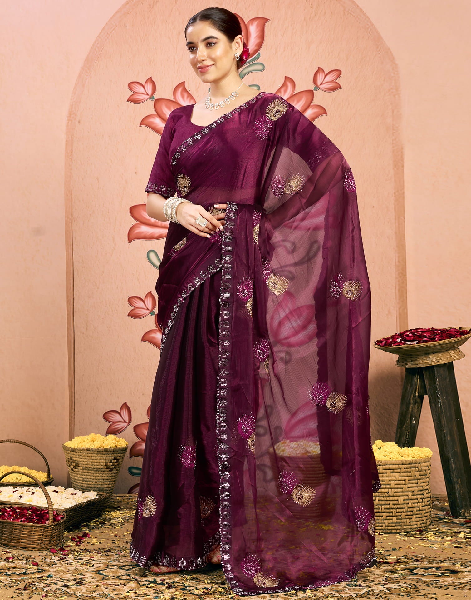 Wine Shimmer Embroidery Embellished Saree