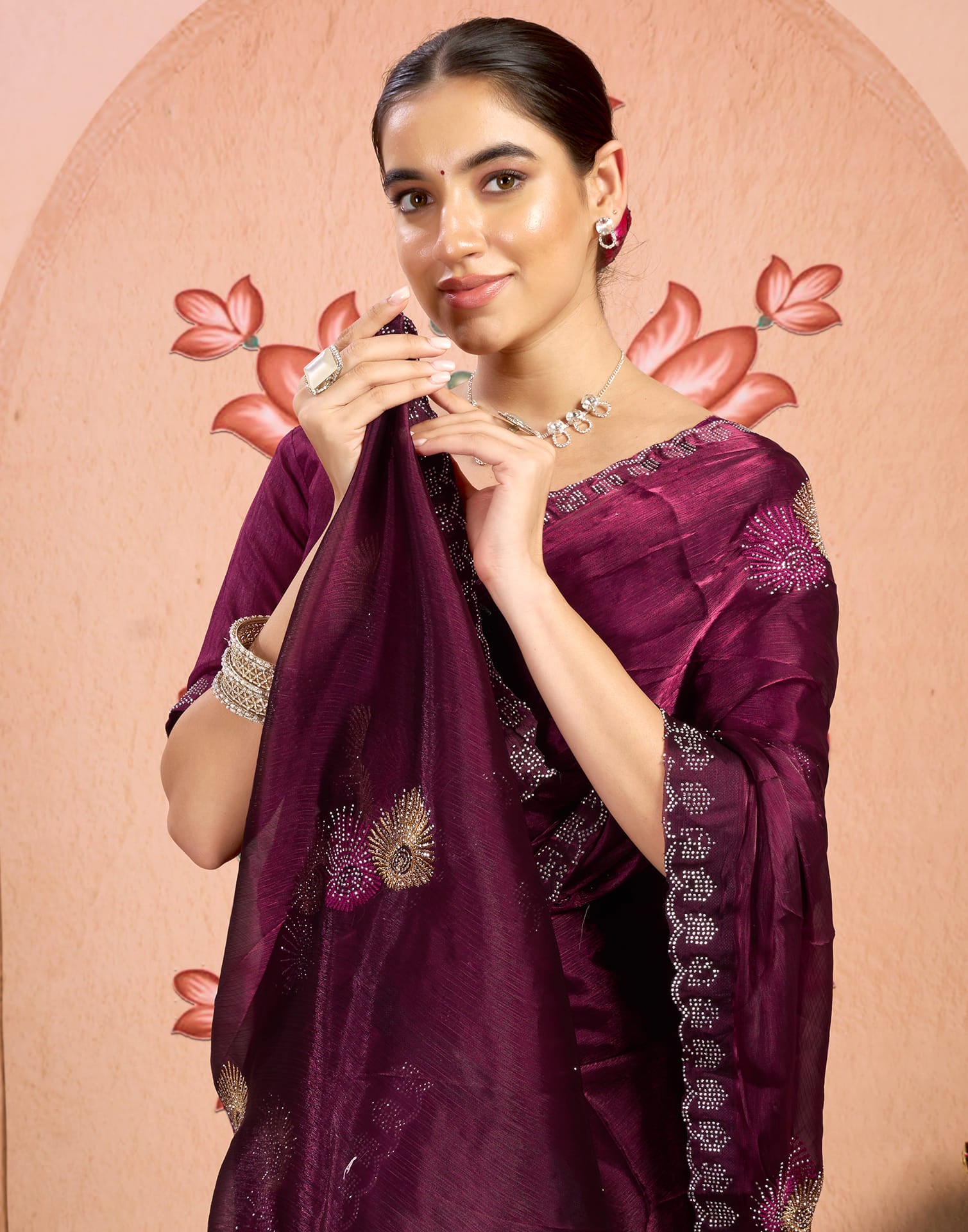 Wine Shimmer Embroidery Embellished Saree