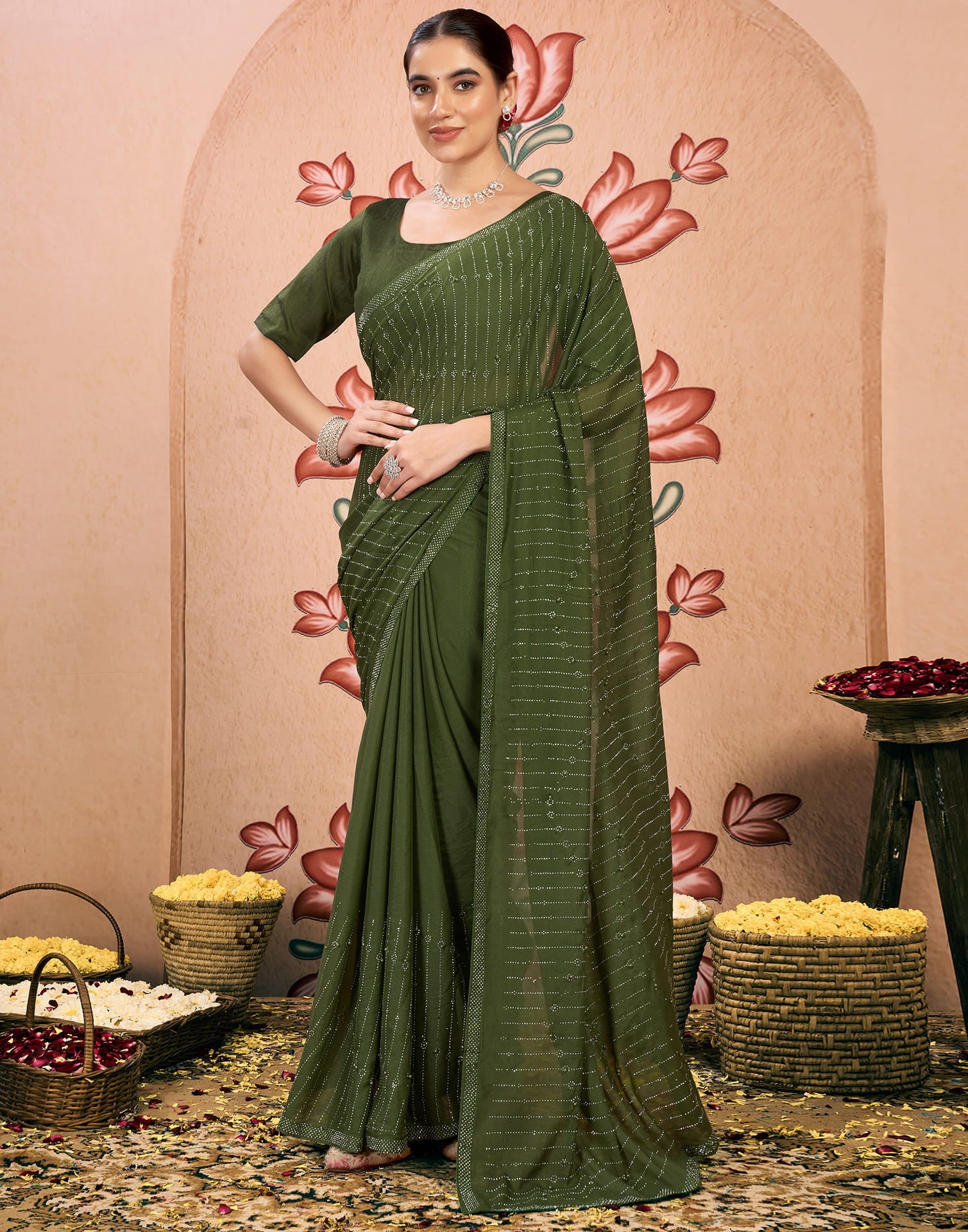 Green Georgette Swarovski Embellished Saree