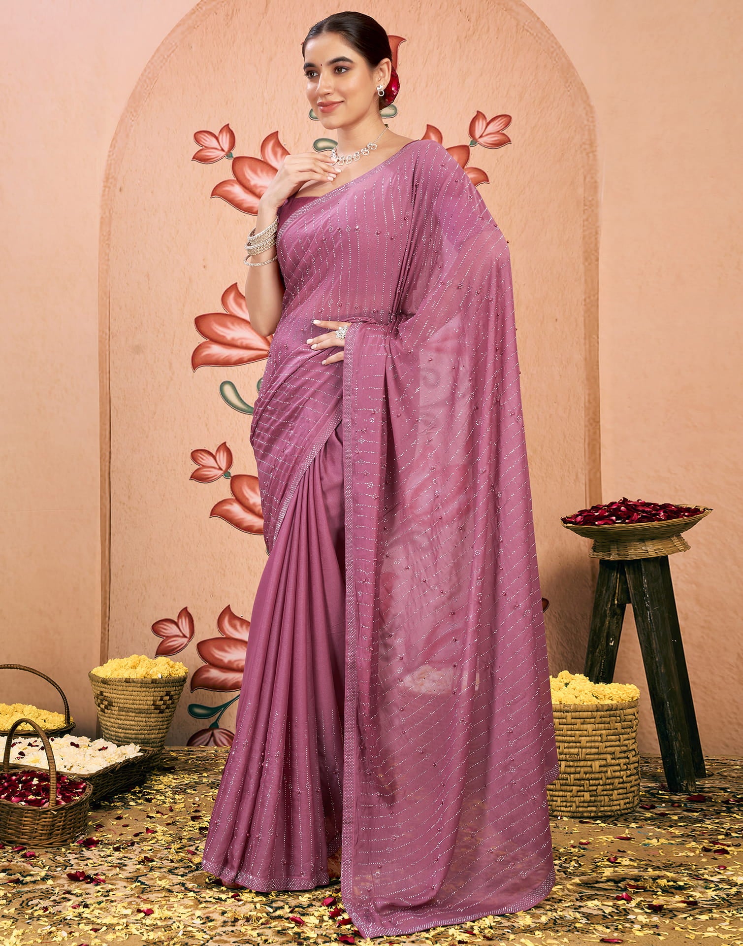 Mauve Georgette Swarovski Embellished Saree