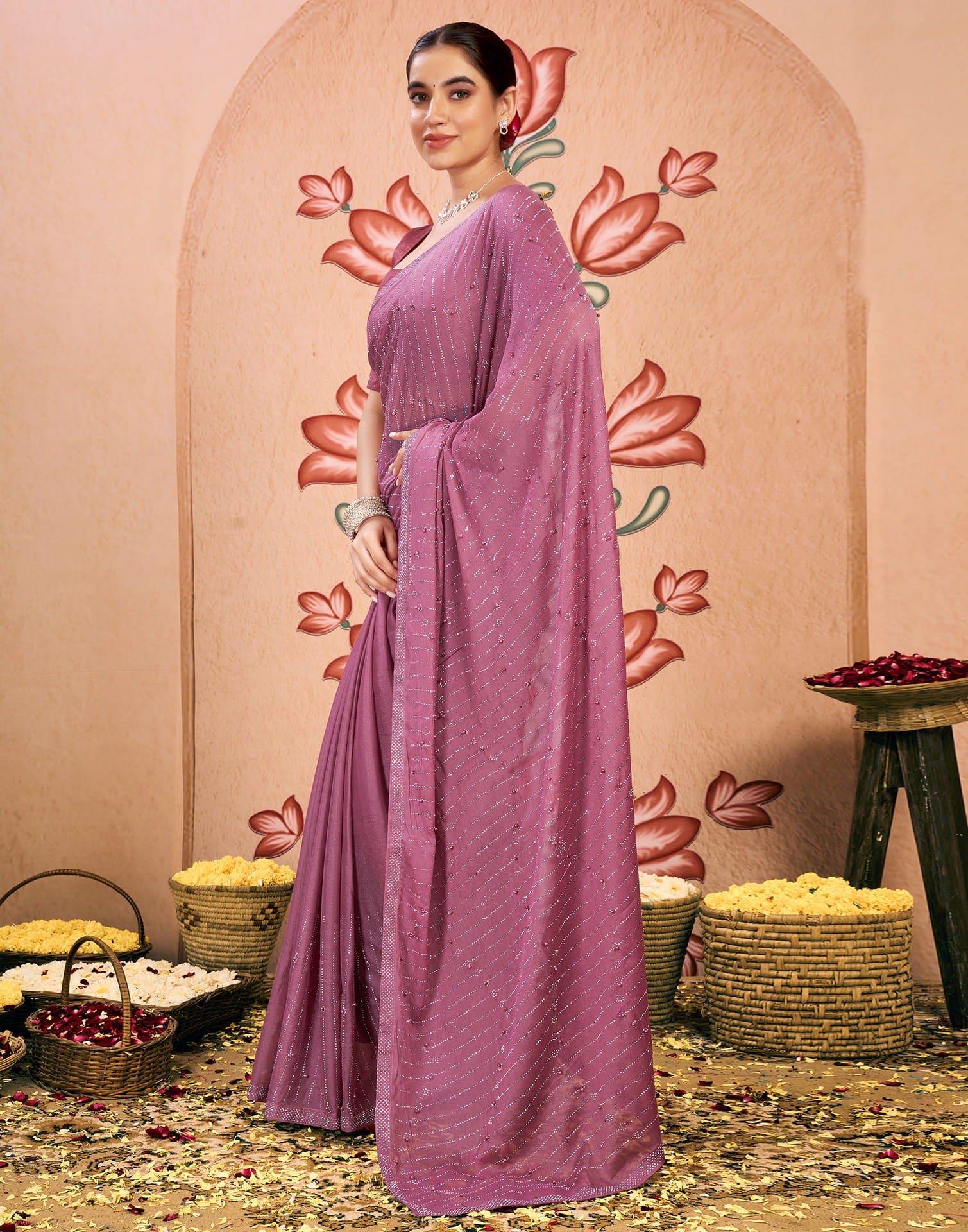 Mauve Georgette Swarovski Embellished Saree