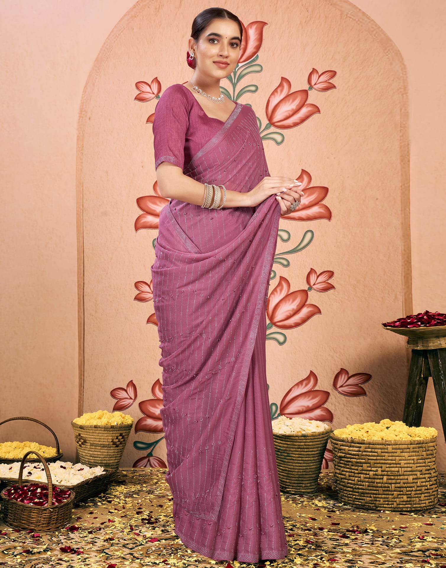 Mauve Georgette Swarovski Embellished Saree