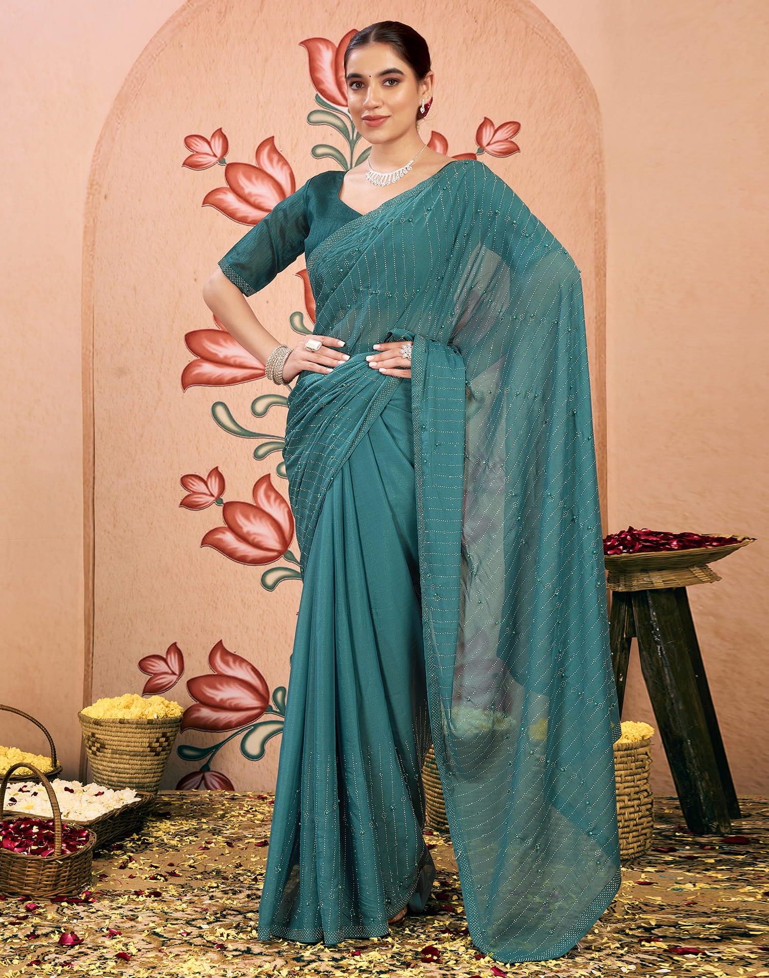 Green Georgette Swarovski Embellished Saree