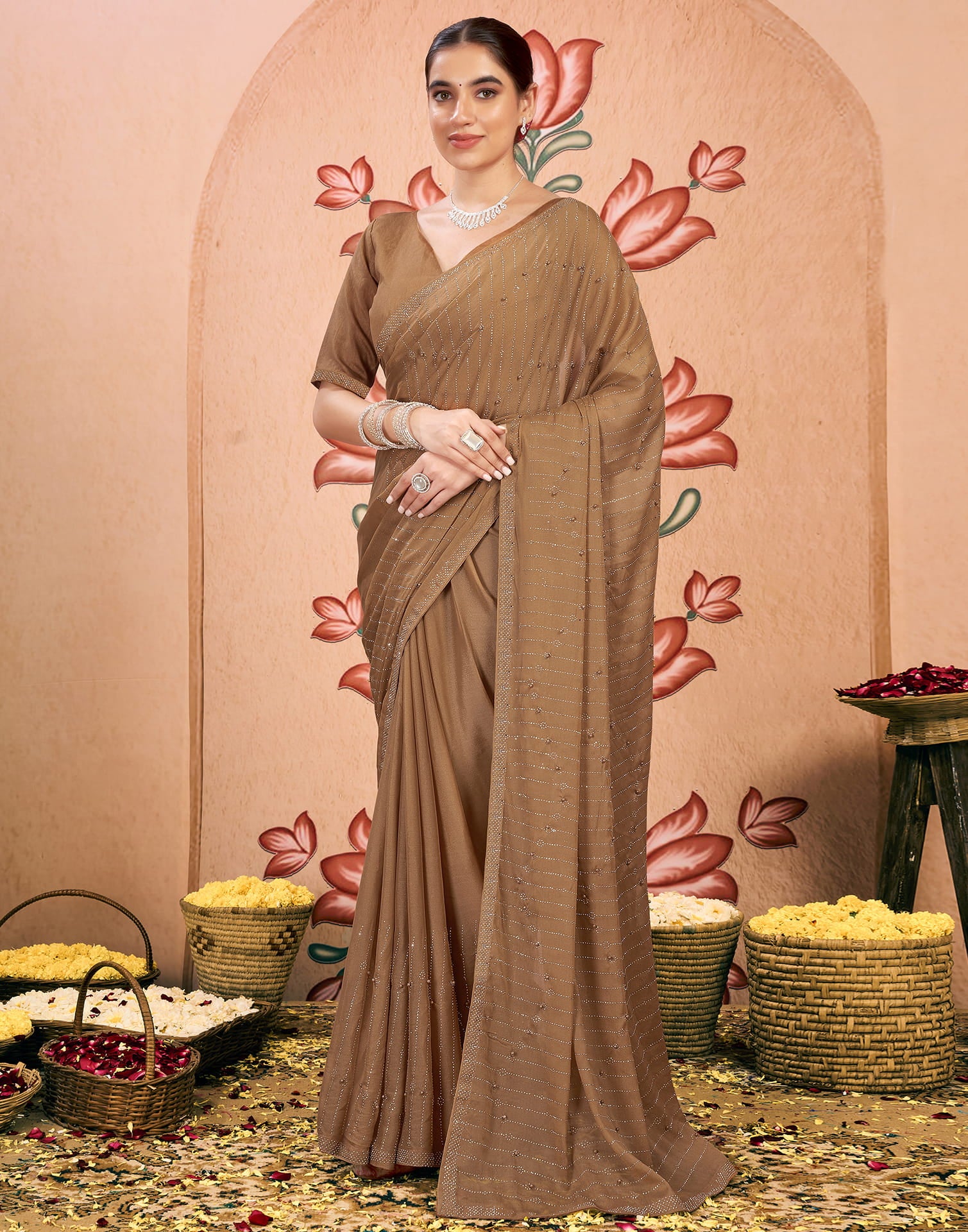 Brown Georgette Swarovski Embellished Saree