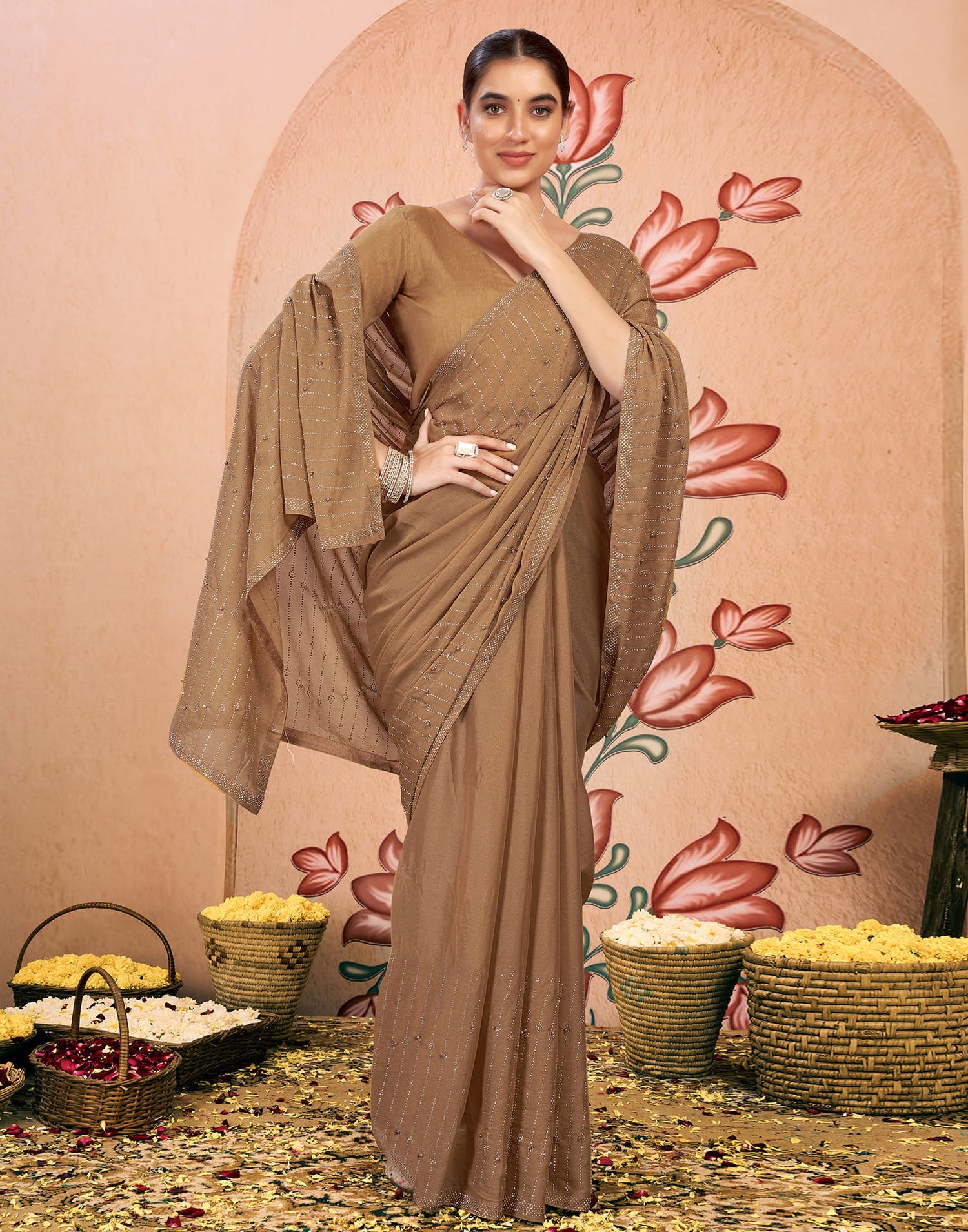 Brown Georgette Swarovski Embellished Saree