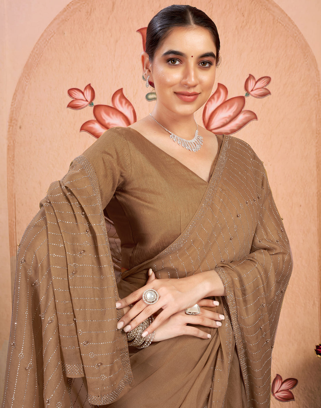 Brown Georgette Swarovski Embellished Saree