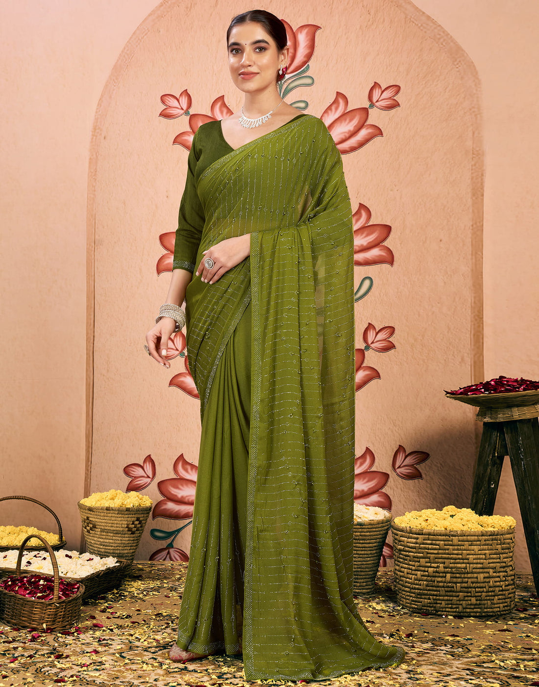 Green Georgette Swarovski Embellished Saree