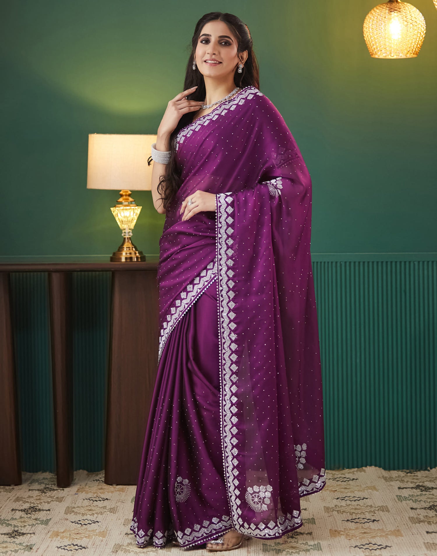 Purple Georgette Swarovski Embellished Saree