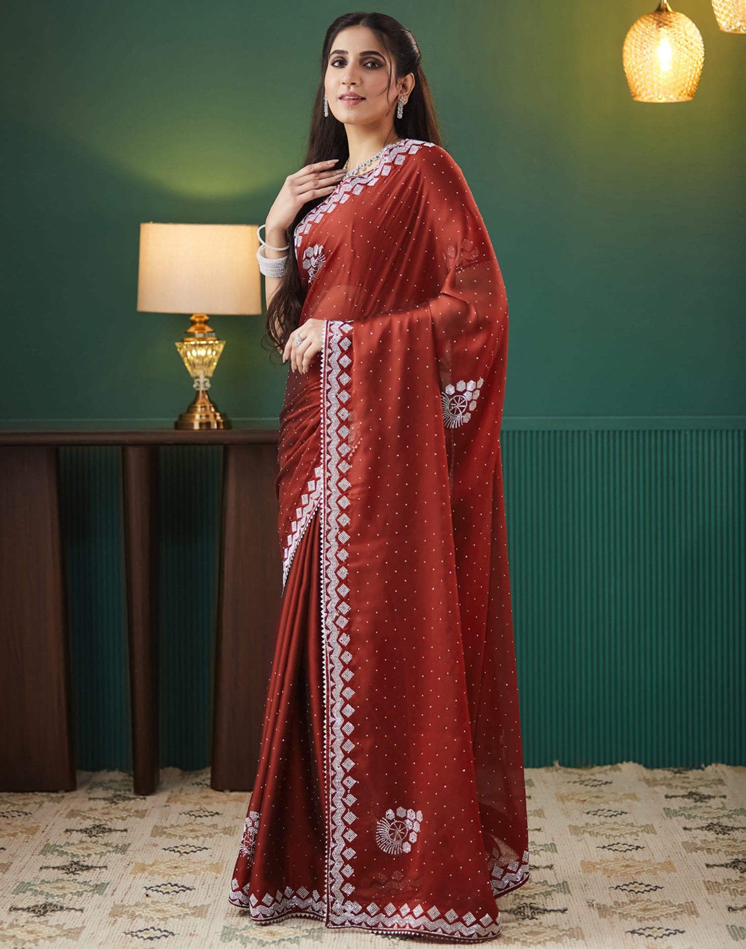 Red Georgette Swarovski Embellished Saree