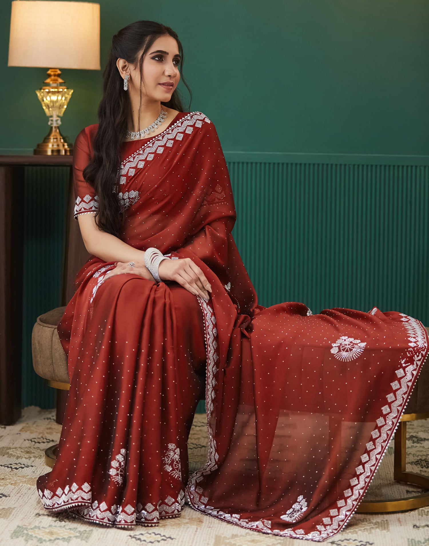 Red Georgette Swarovski Embellished Saree