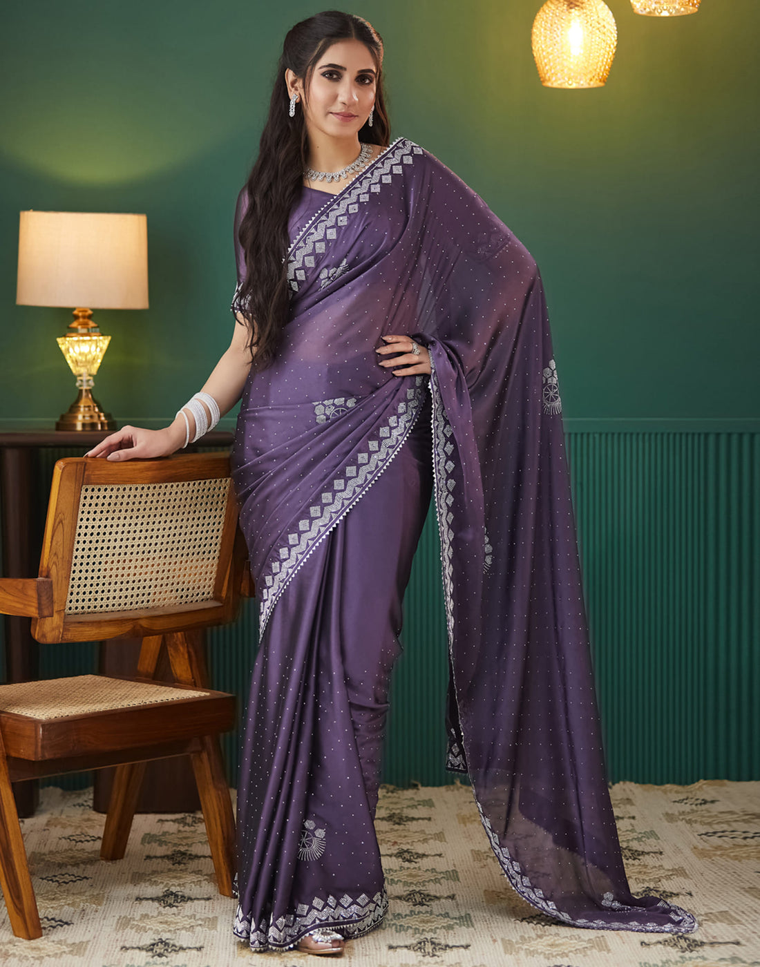 Dusty Purple Georgette Stone Work Swarovski  Saree