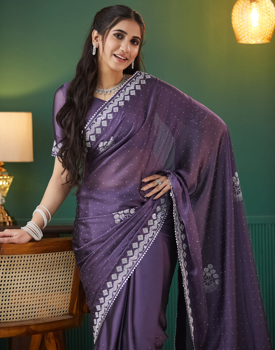 Dusty Purple Georgette Stone Work Swarovski  Saree