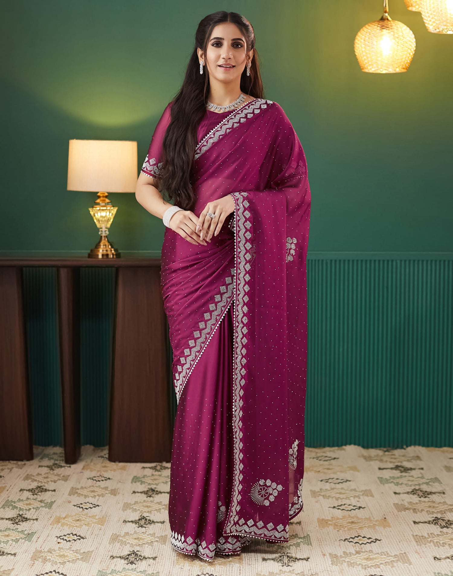 Pink Georgette Swarovski Embellished Saree