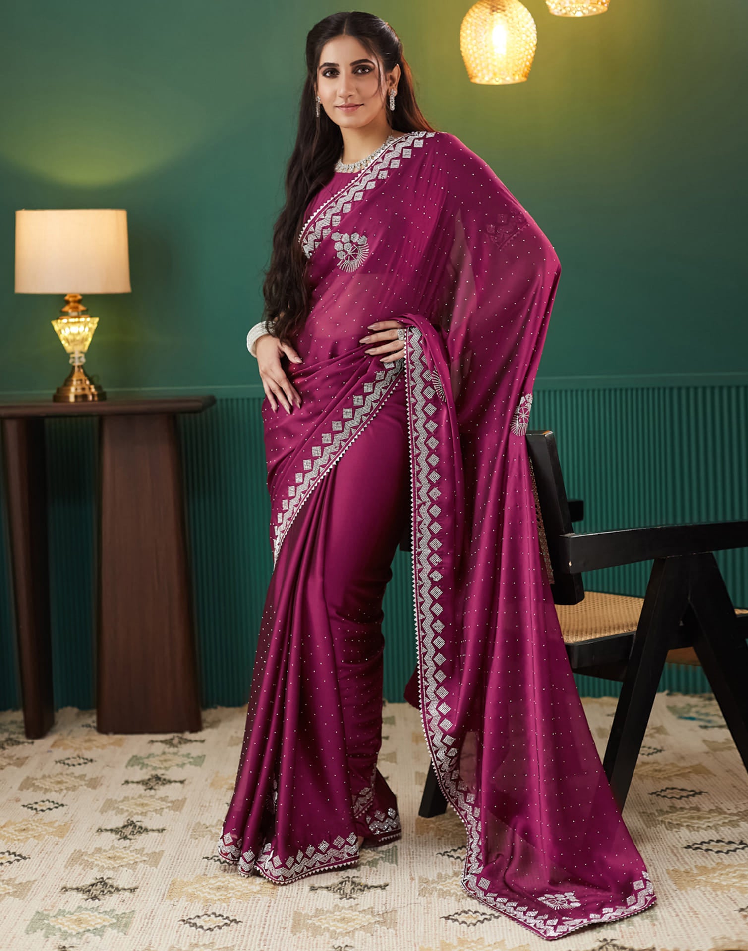 Pink Georgette Swarovski Embellished Saree