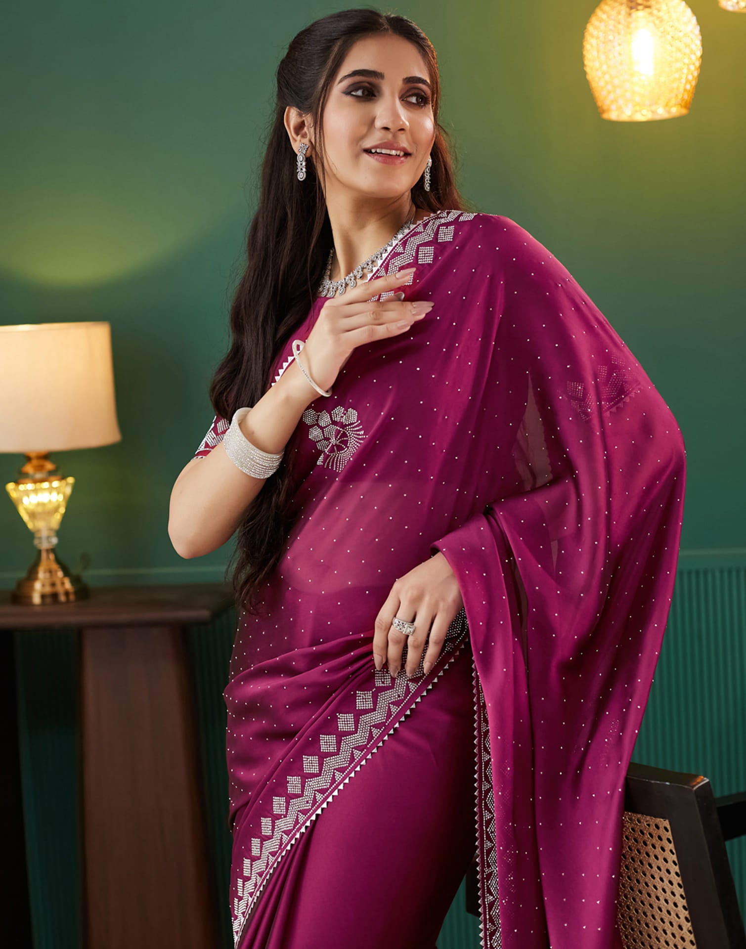 Pink Georgette Swarovski Embellished Saree